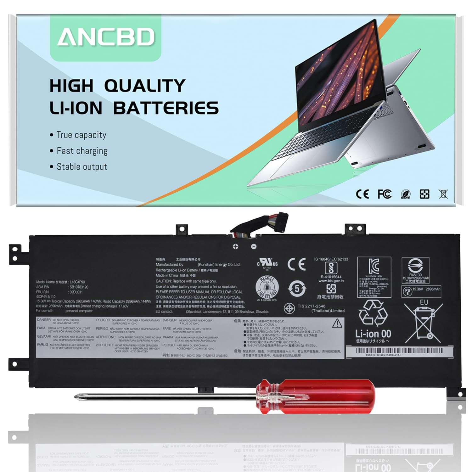 ANCBD L18C4P90 L18D4P90 Battery for Lenovo ThinkPad L13 Yoga 1st 2nd Gen 20R5 20R6 Series L18M4P90 SB10T83119 SB10T83120 5B10W13933 5B10W13934 5B10W13935 02DL030 02DL031 02DL032 15.36V/46Wh 4-Cell 1