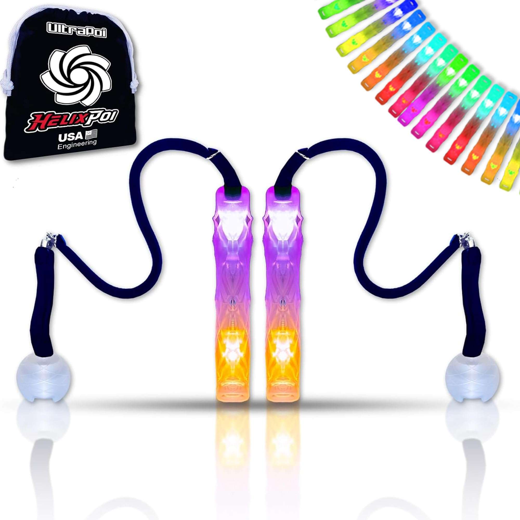 UltraPoi HelixPoi Set - Helix Poi w/Non-LED Knob Handles - 70+ Brilliant Color Modes & Patterns - LED Poi Glow Stick Lights w/Soft Durable Cases & Adjustable Leashes - Flow Arts Light Spinning Toy 1