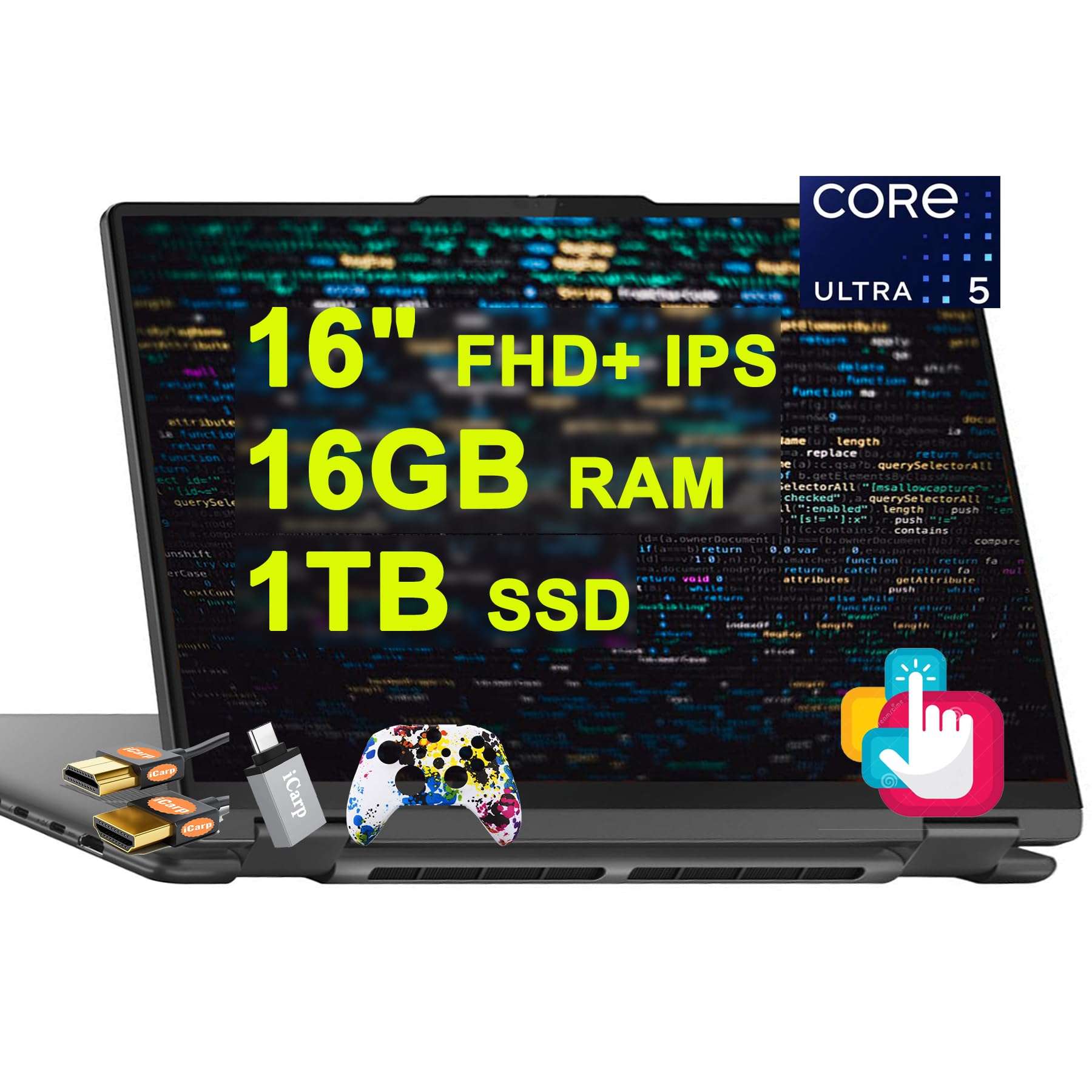 Lenovo Yoga 7 16 2-in-1 AI PC Laptop 16" WUXGA IPS Touch (Glossy) Intel 12-core Ultra 5 125U (>i7-1335U) 16GB RAM 2TB SSD Backlit Fingerprint Thunderbolt4 FHD IR Privacy Camera Win11 w/ICP Accessory 1