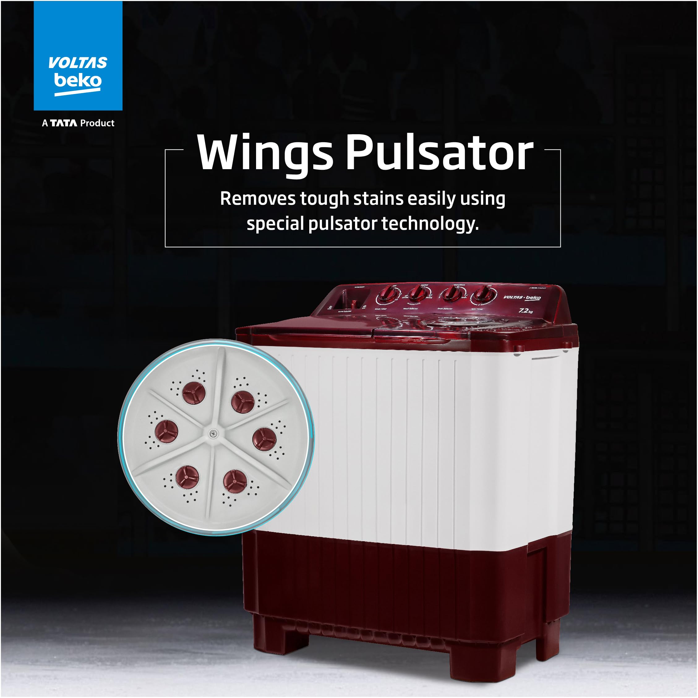Voltas beko, A Tata Product 7.2 Kg Semi-Automatic Top Load Washing Machine, (WTT72, Burgundy, 2023 Model, Fast Dry) 2