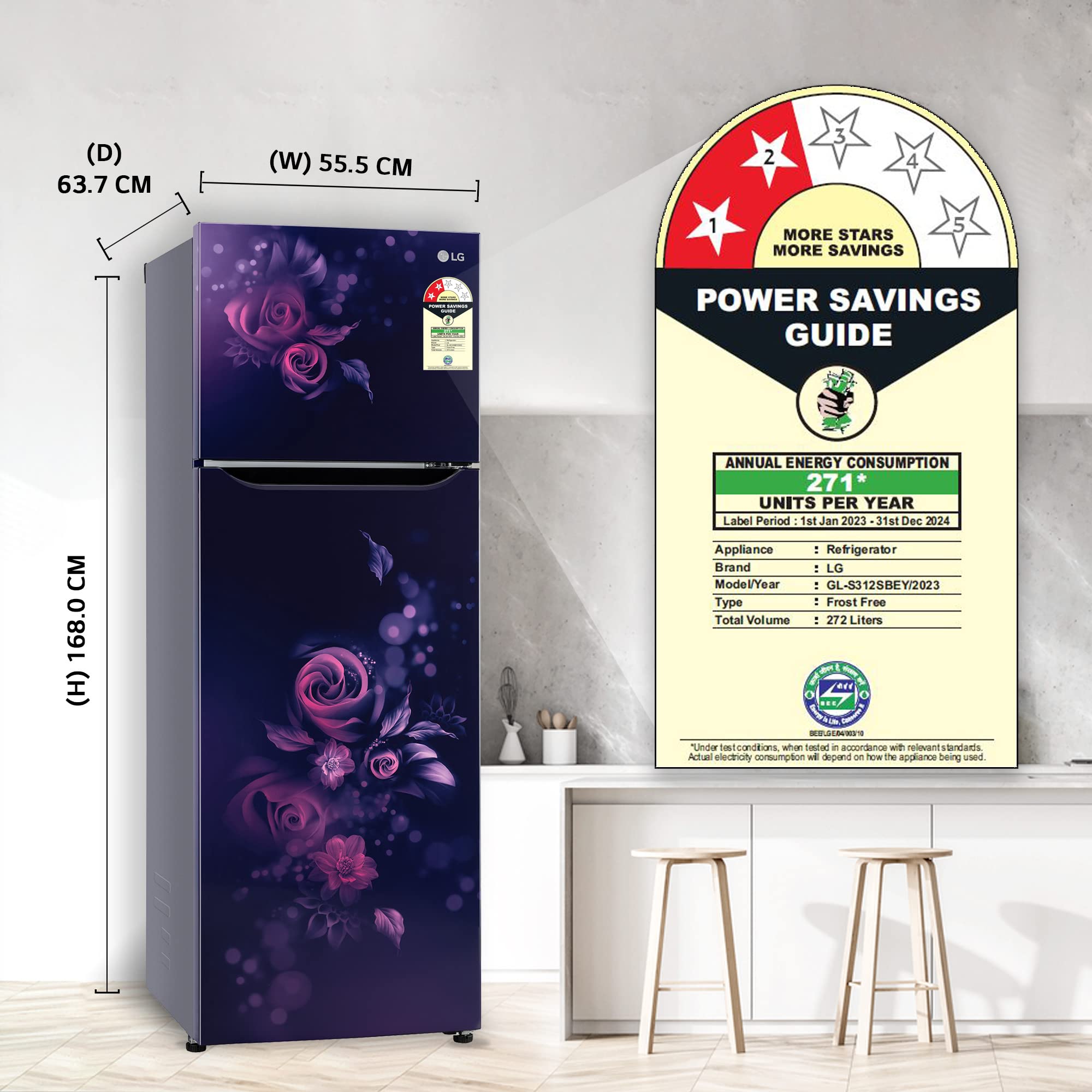 LG 272 L 2 Star Frost-Free Smart Inverter Double Door Refrigerator (GL-S312SBEY, Blue Euphoria, Convertible) 6