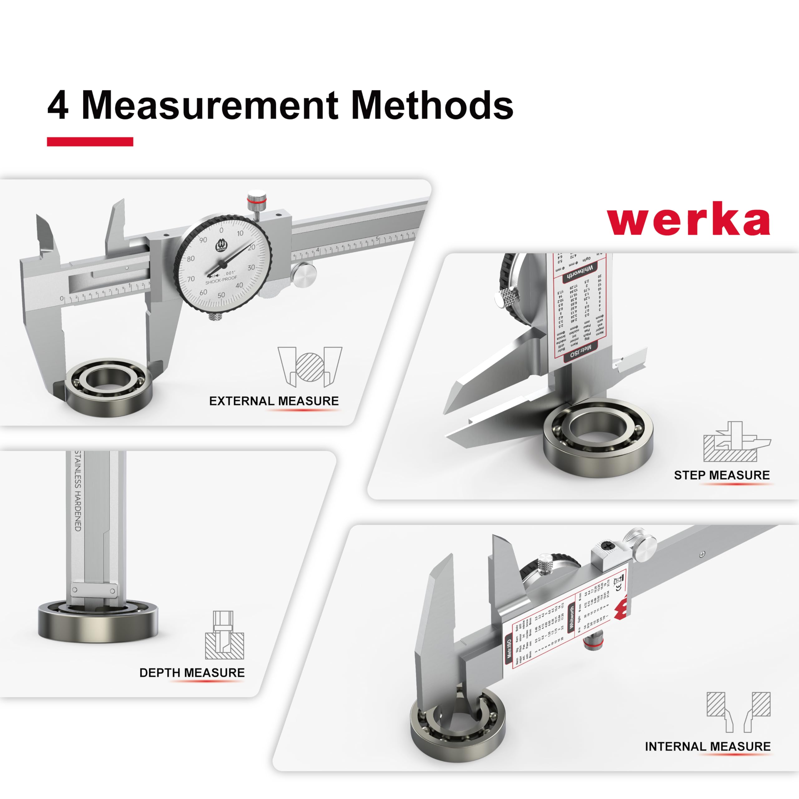 werka Dial Caliper 8 Inch, Shockproof Dial Caliper Measuring Tool with 0.001" Precision Micrometer Caliper with Custom Case, 4-Way Measurement, Stainless Steel 5