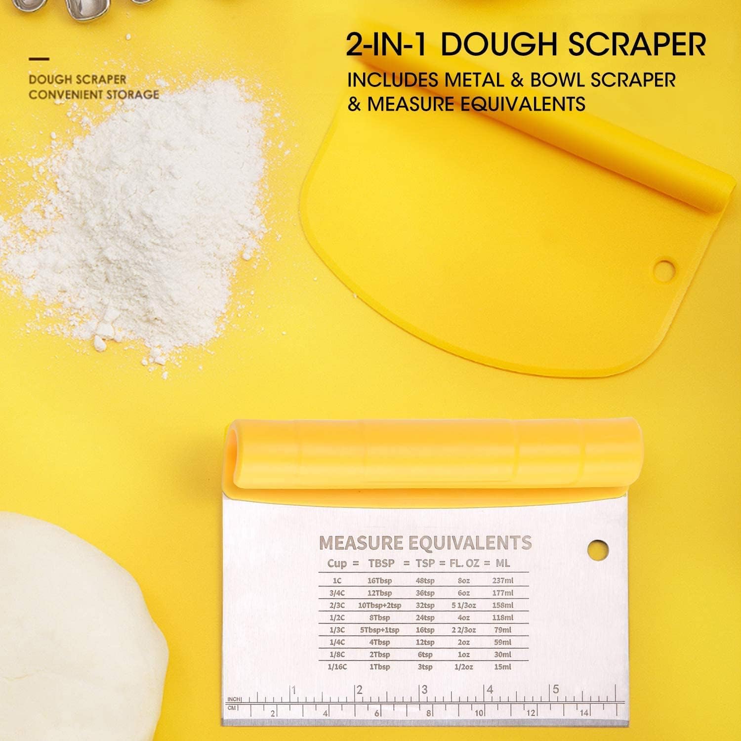 RIVAAN Stainless Steel 2 in 1 Dough Chopper with Plastic Bowl Scraper | Food-Safe Dough Cutter | Multipurpose Food Scrappers for Bread, Cake, Cream with Measure Equivalents Baking Tools 4