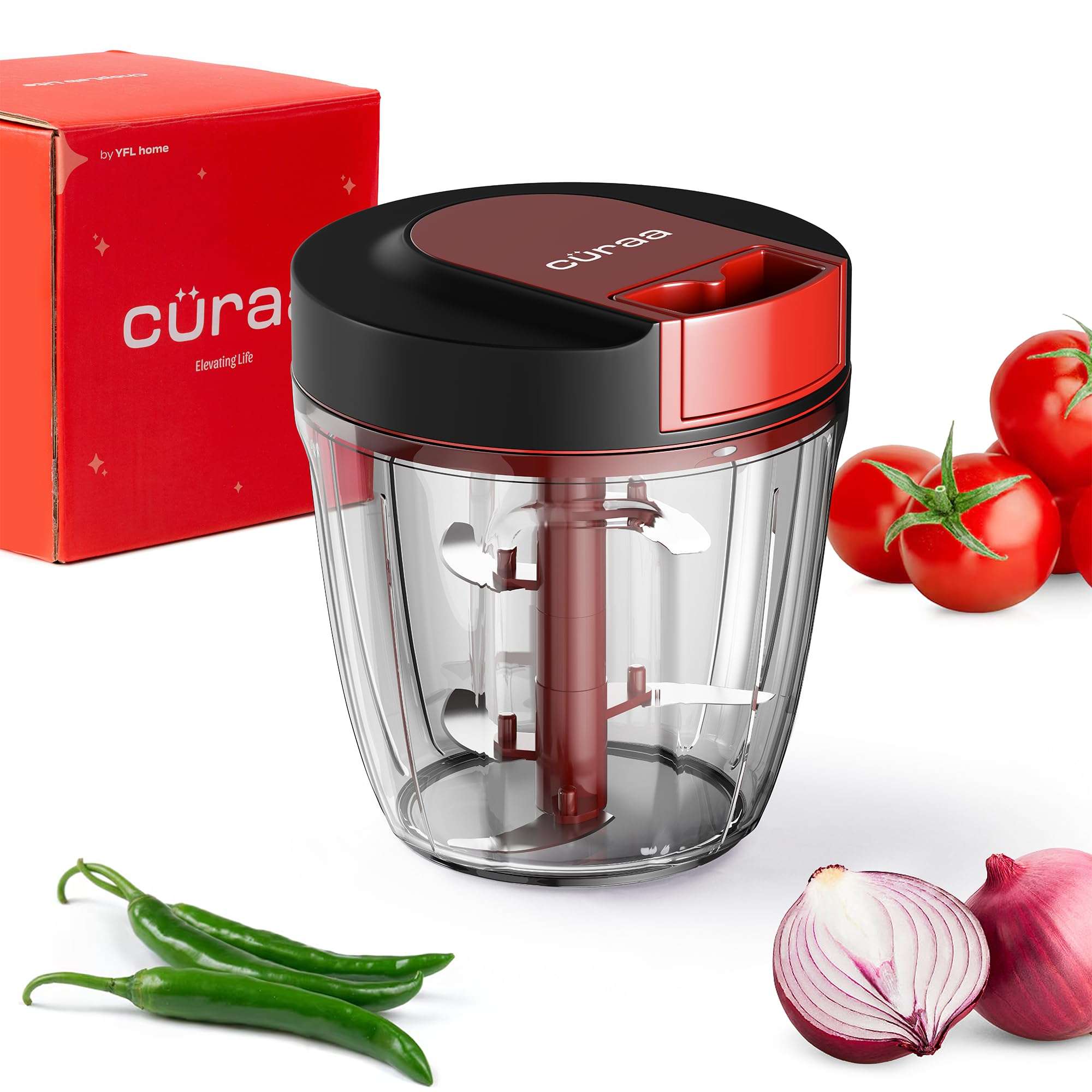Cüraa ChopLab Lite Manual Chopper | 900 ml Portable Vegetable Chopper| Mini Chopper for Kitchen with Stainless Steel Blades for Chopping Onion, Ginger, Garlic, Vegetables, Herbs, Nuts | Red 1