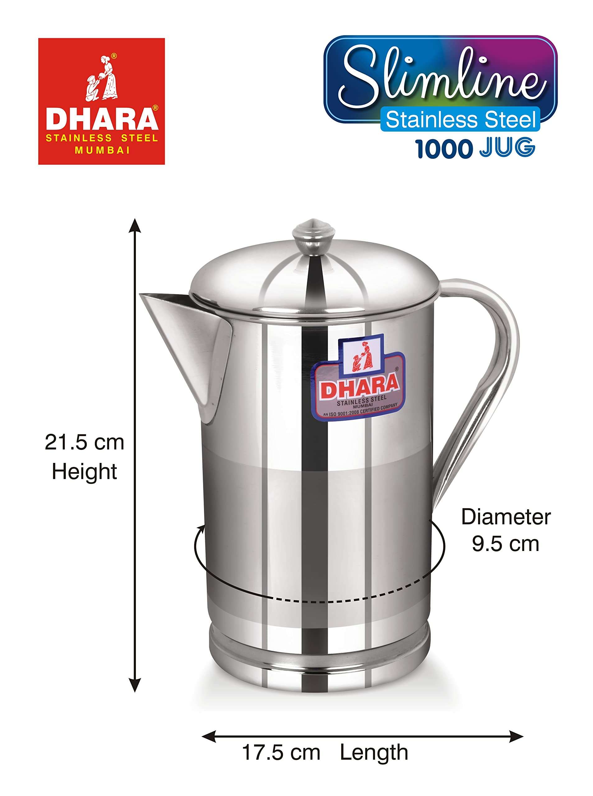 Dhara Stainless Steel 1L Water Jug with Lid, Slim Steel Jug for Dining Table Water Serving, Leakproof, Rust Resistant Easy Pour Slimline Pitcher 6