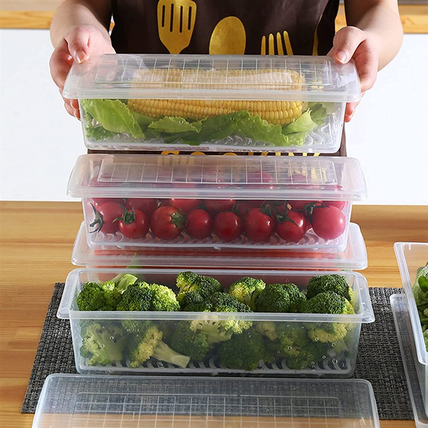 Anadimall Food Storage Container, Fridge Organizer Case With Removable Drain Plate Stackable Freezer Storage Containers Keep Fresh For Storing Fish, Meat, Vegetables (1500)(Pack of 3) 5