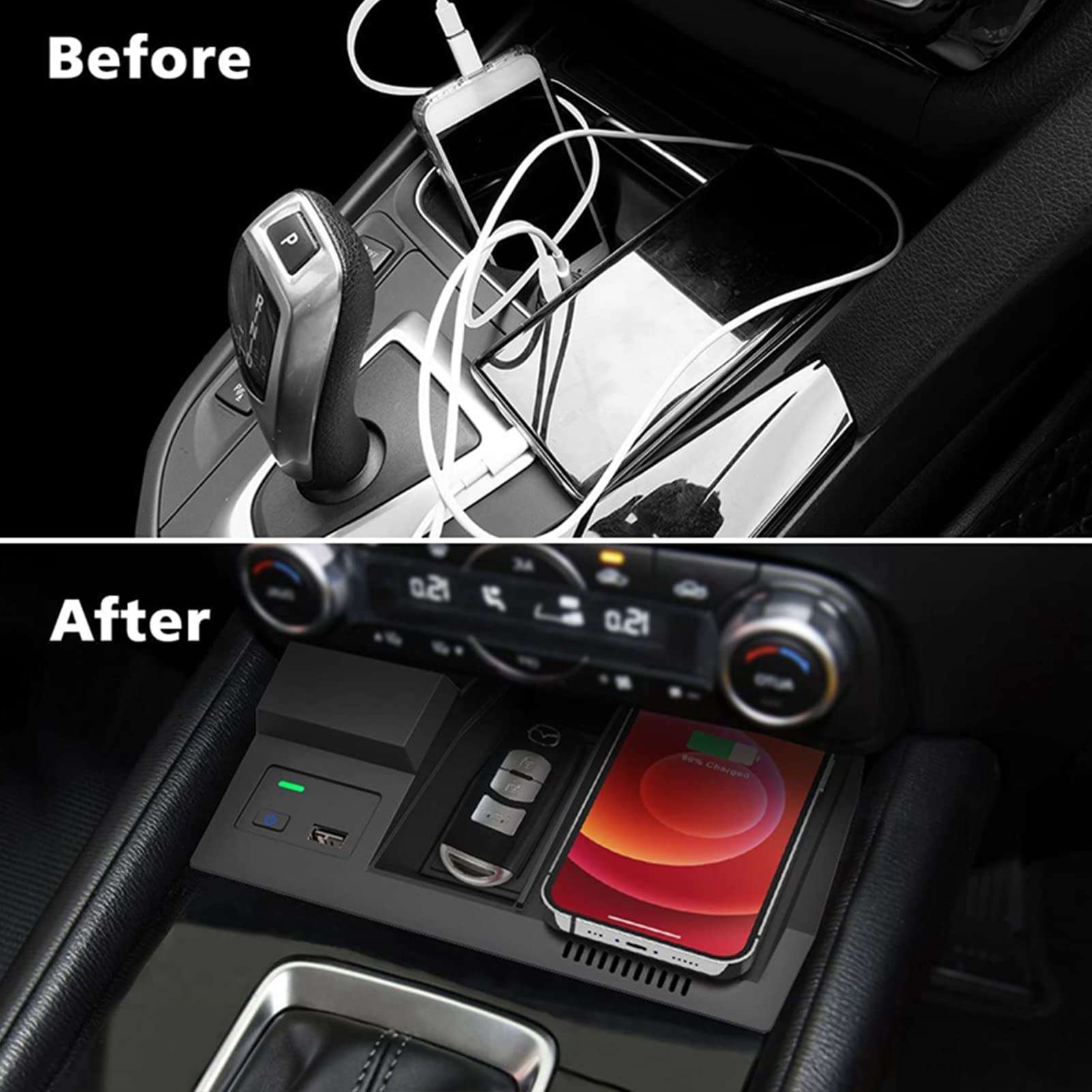 Wireless Car Charger Compatible with Ma/zda CX5 CX-5 2017 2018 2019 2020 2021 2022 2023 Center Console Accessory Panel, 15W Qi Fast Charging with USB QC3.0 Ports 6