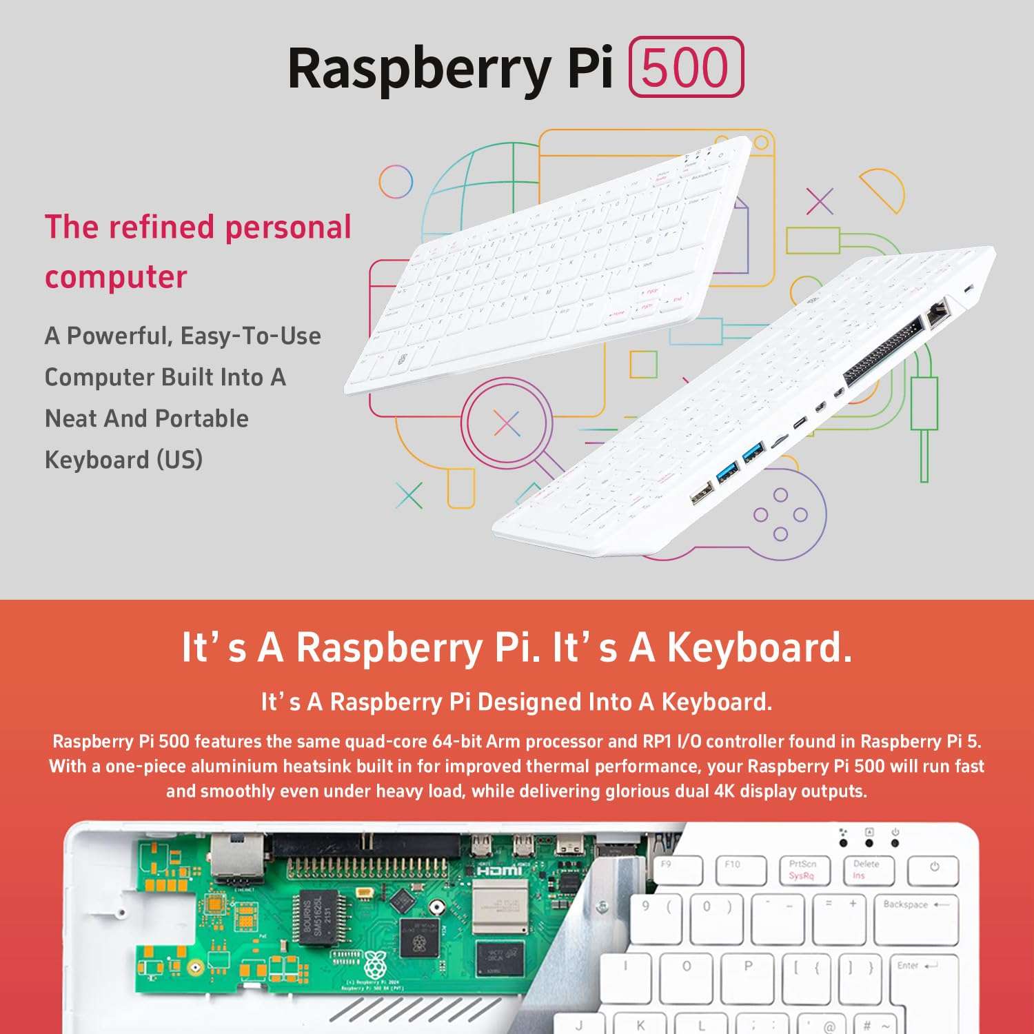 KLAYERS Pi 500 Keyboard Host - American Layout, Compact Design with Integrated RPi 5, Quad-Core 64-bit ARM Processor, RP1 I/O Controller, Dual 4K Output, Built-in Aluminum Heat Sink 4