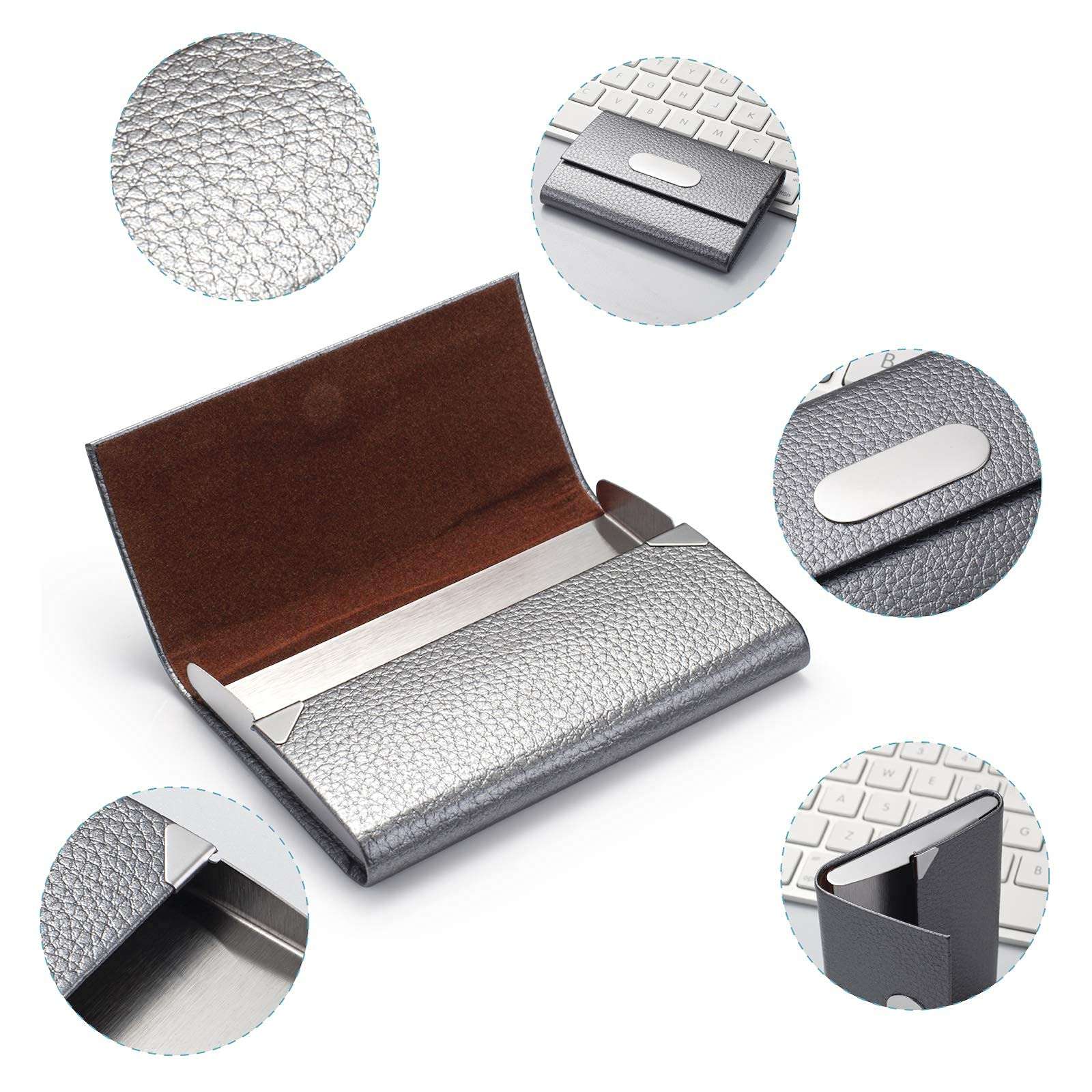 FACATH Business Card Holder for Women, PU Leather & Stainless Steel Business Name Card Holder Wallet Credit Card Metal Pocket Business Card Carrier with Magnetic Shut - Gray 6