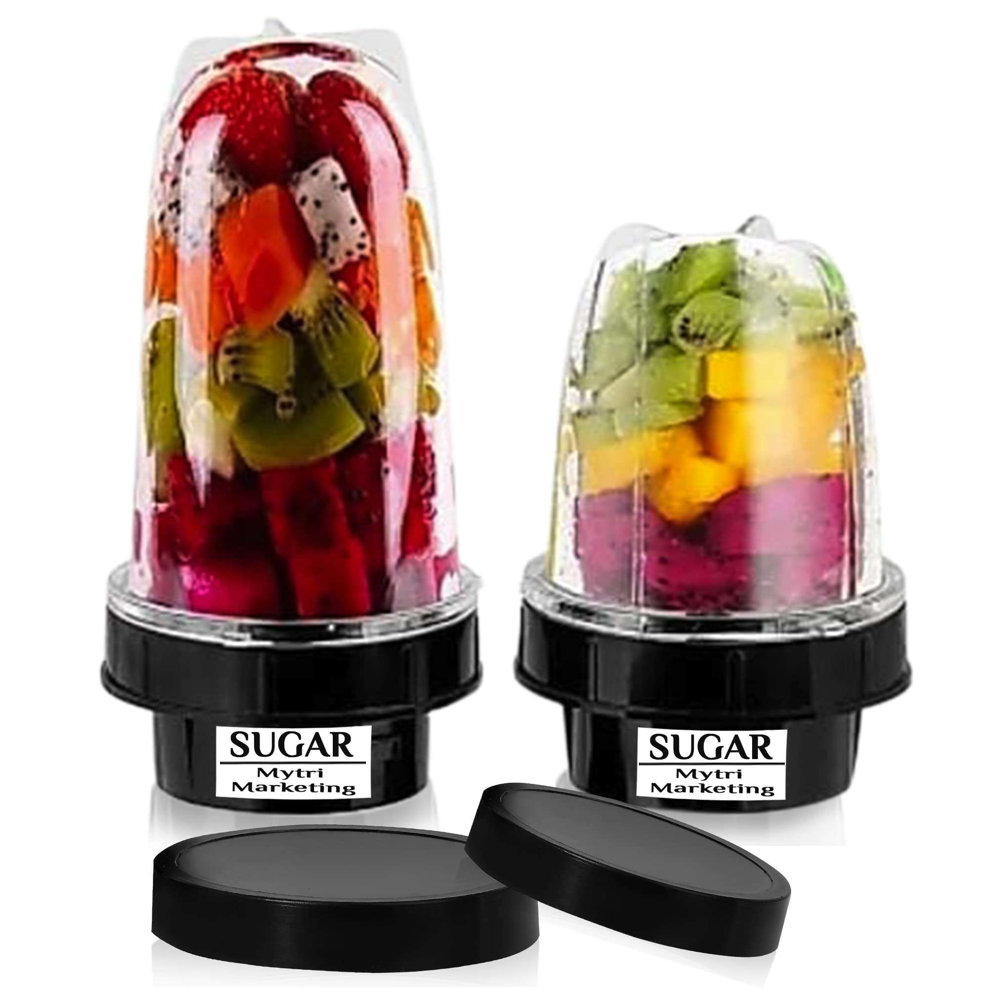 SUGAR Bullet Jar for Mixer Grinder Set of 2 (530 ML & 350 ML) ABS Transparent Plastic Mixer Juicer Jar, Black, MA06 1