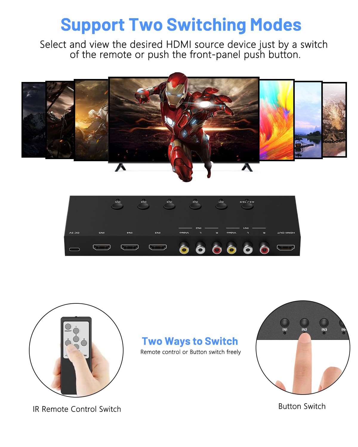 5 in 1 Out HDMI/AV Switcher -2 AV Inputs, 3 HDMI Inputs + 4K@60Hz 7 in 1 Out HDMI Switch 5