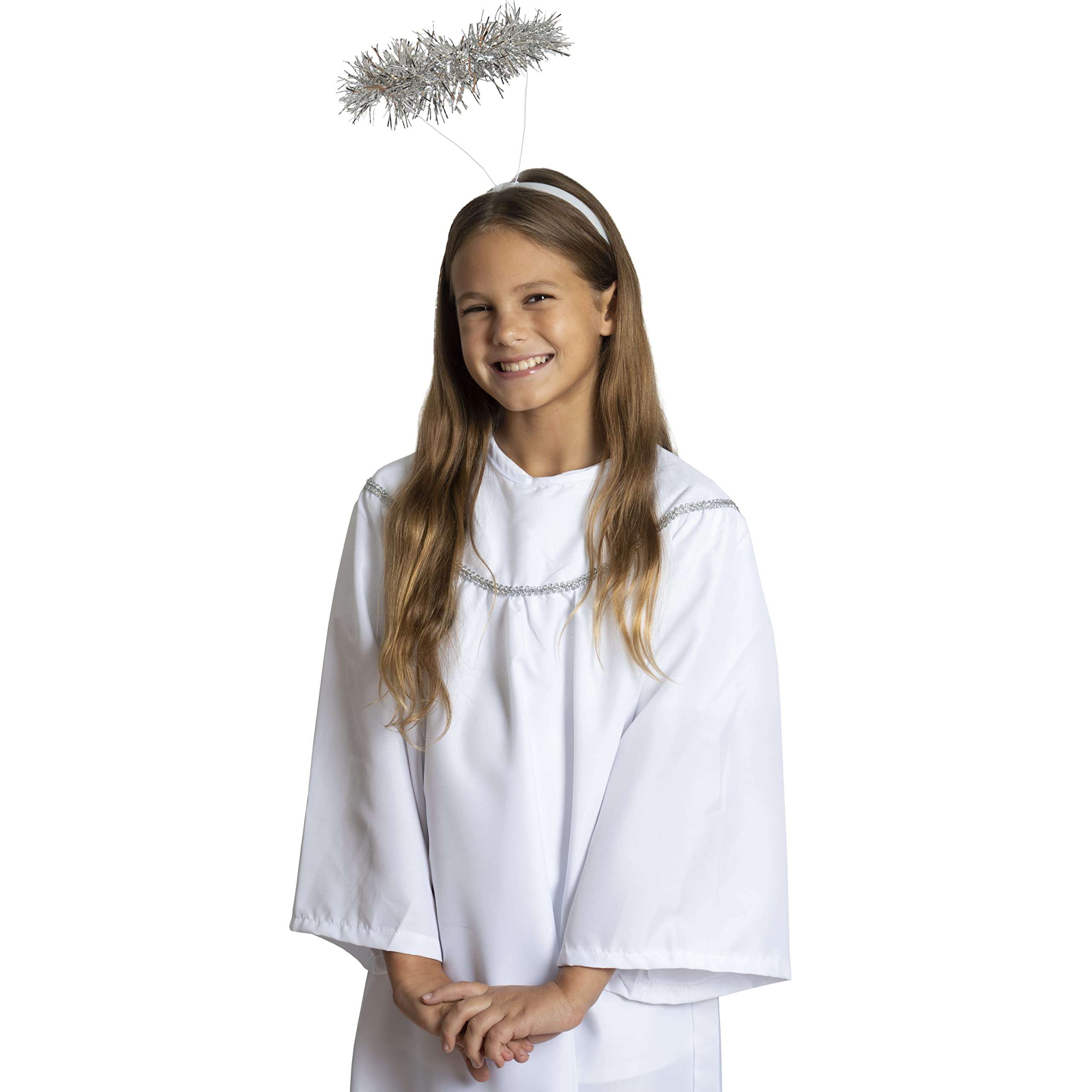 Skeleteen Angel Costume with Halo - Long White Angelic Gown with Silver Heavenly Halo Headband for Children's Costumes - Child Size (Small) 1