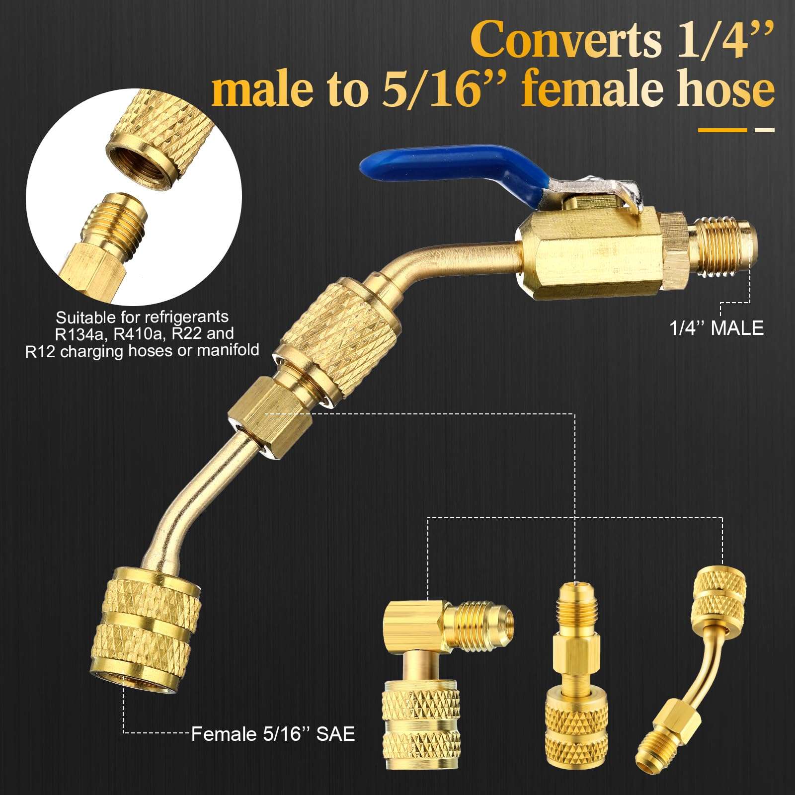 Mudder 10 Pcs Air Conditioning Refrigerant Compact Ball Valve 1/4 Inch Compatible with HVAC Adapter R410A R134A R12 R22 5/16inch Female to 1/4inch Male Flare (4 Angle Ball Valve, 6 Adapter) 5