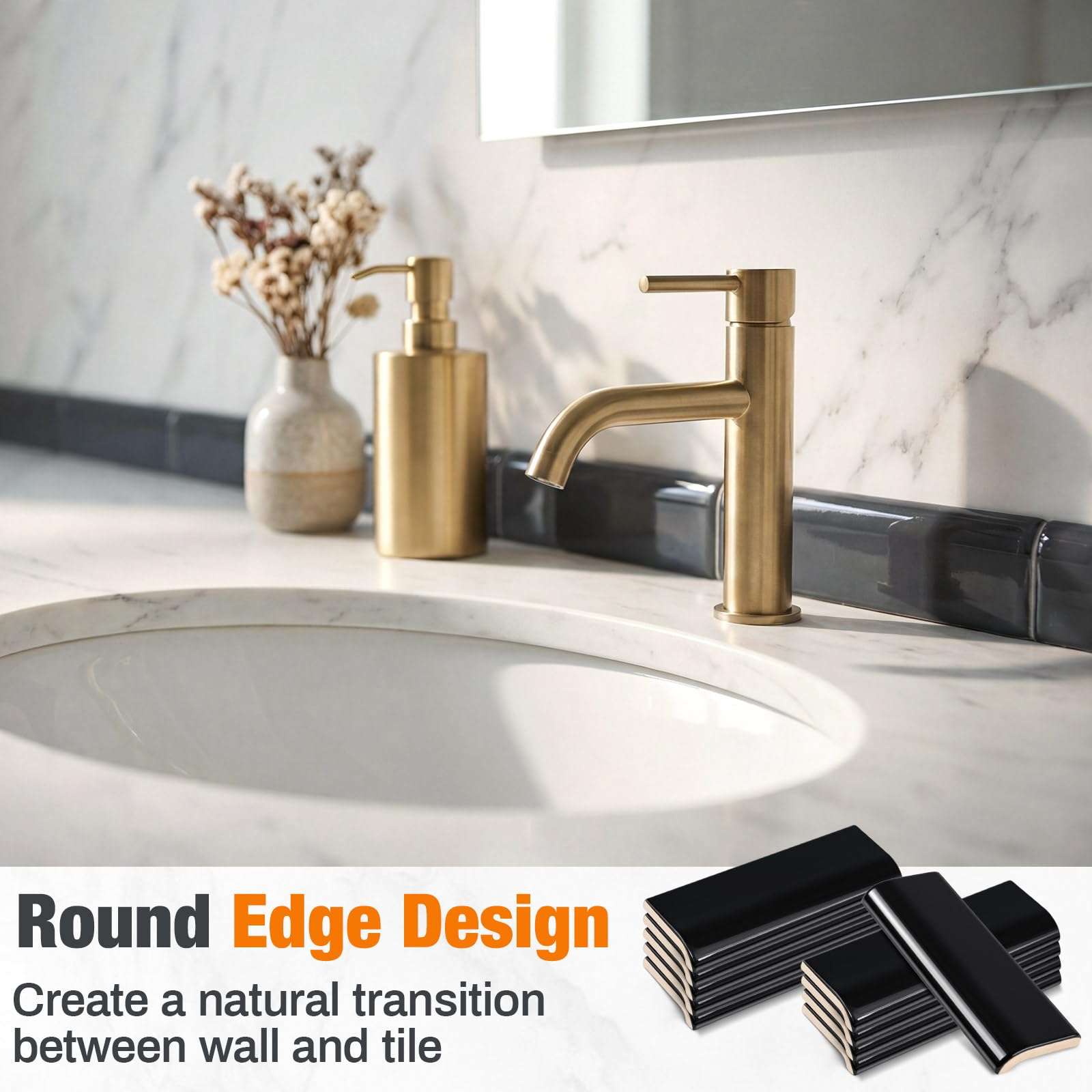 Maasechs 10 Pcs 2 x 6 in Ceramic Tile Bull Nose Trim Edge Glossy Subway Wall Trim Tile for Finishing in Bathroom Kitchen Backsplash and Shower Walls (Single-Sided Arc,Black) 6