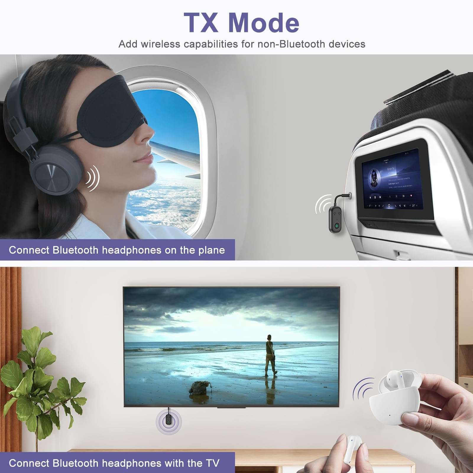 JXTZ Bluetooth Transmitter Receiver, 2-in-1 Dual Connect Bluetooth 5.3 Adapter for Headphones, 3.5mm Bluetooth Aux Adapter for Car, Plug and Play Wireless Audio Adapter for Airplane TV Speaker Gym 4