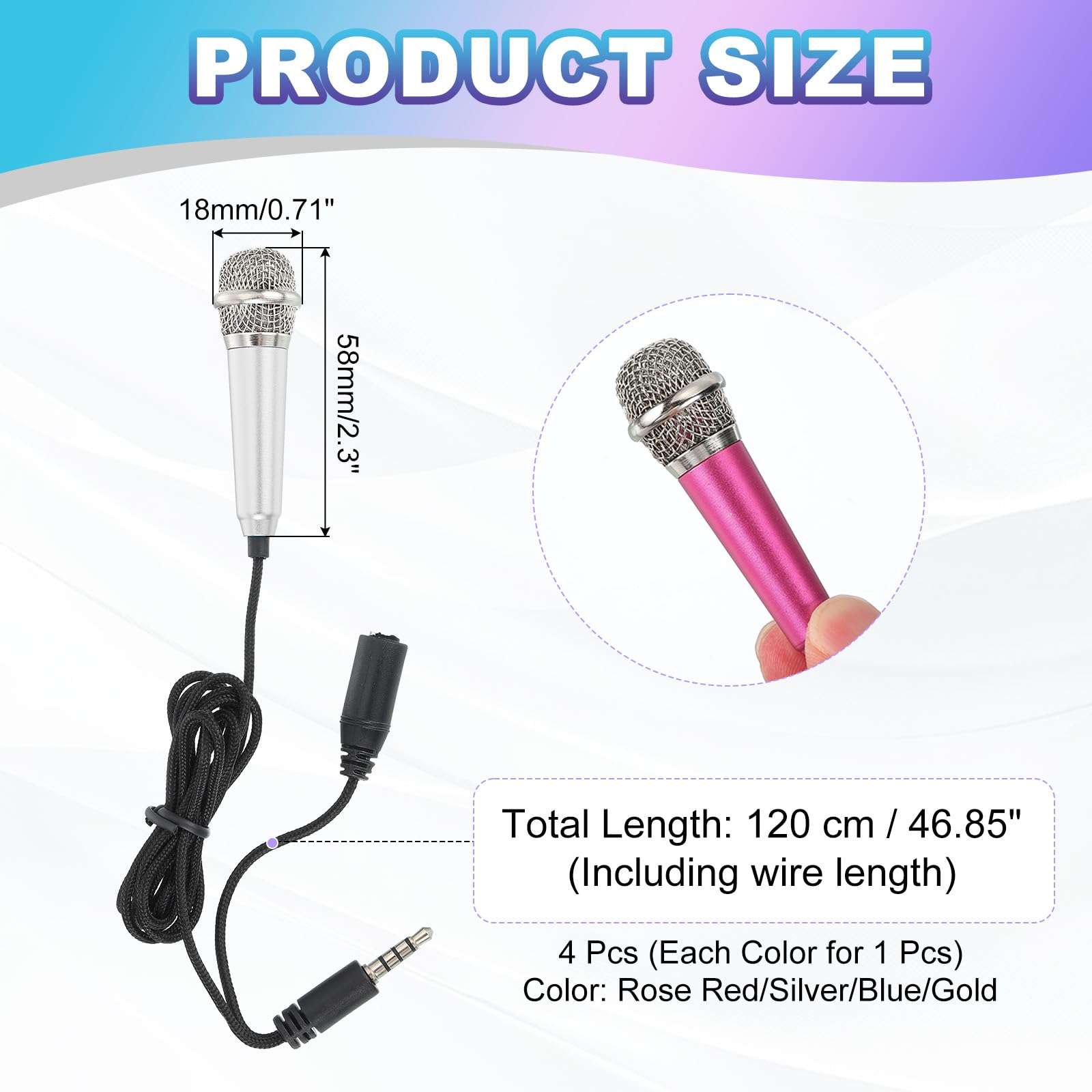 MECCANIXITY 4Pcs Mini Microphone, Mic Tiny Microphone with Sponge Cover, Holder and Drawstring Bag Portable for Karaoke Voice Video Recording Singing (Rose Red/Silver/Blue/Gold) 3
