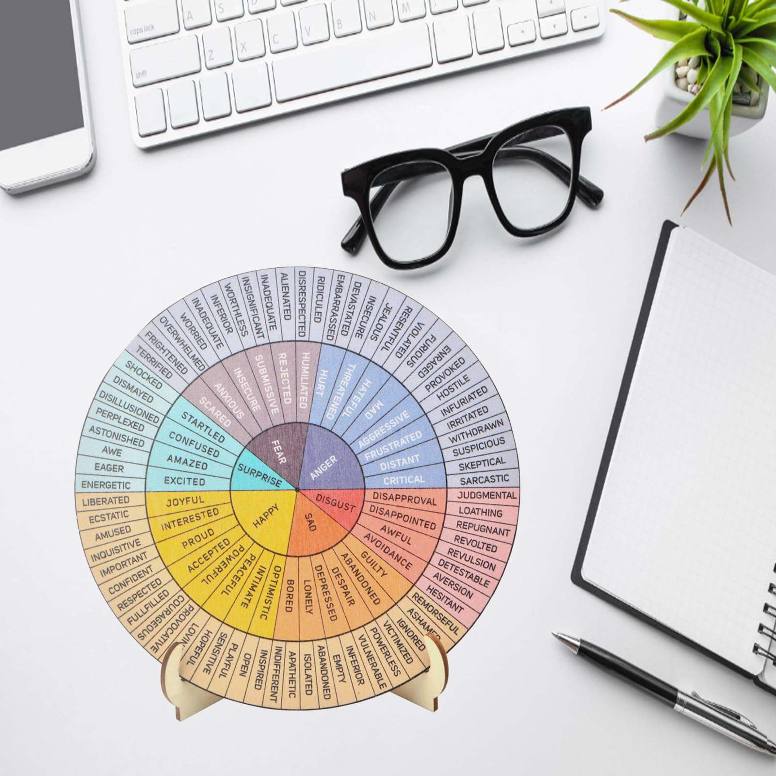 Feelings Wheel Therapy Office Desk Decor, 2 Sets of Wooden Double Sided Mental Health Office Emotions Charts with Stand Therapist Gift for Home School Classroom Social Men Women 6