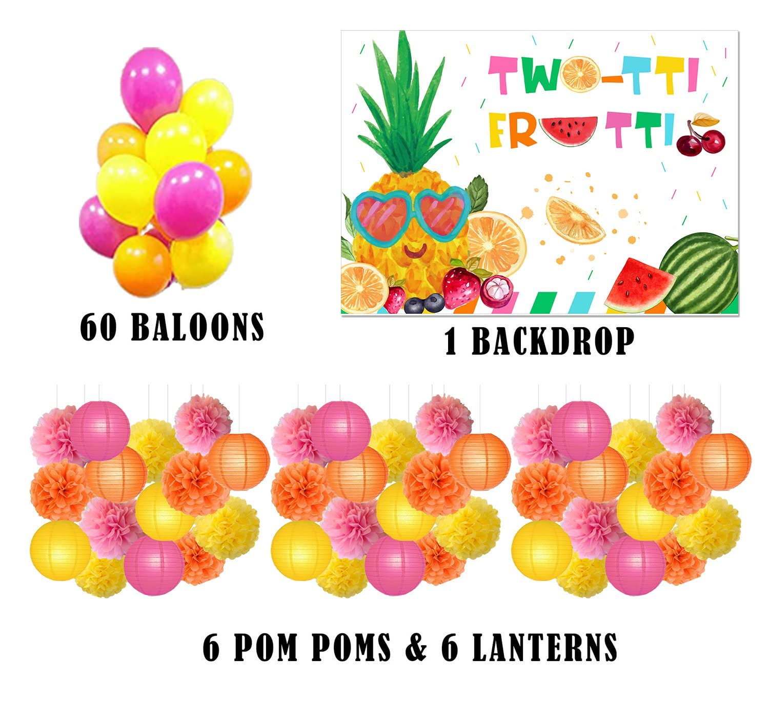 Theme My Party Theme My Party Combo Kit -"Twotti Fruity "Decoration Kit with Backdrop ,Balloons and Pom Pom /Lanterns" (7ft X 5ft) 3