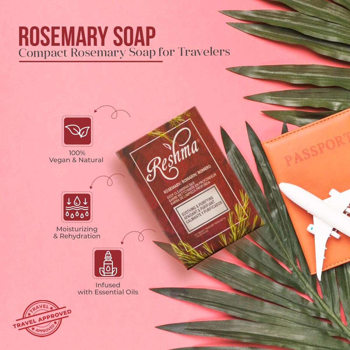 Reshma Beauty Travel Size Rosemary Soap Infused with Rosemary and Olive Oil, Face & Body Soap Bar, Bath Soap, Suitable for Normal to Dry Skin, Calming & Rejuvenating, TSA Approved, 1.76 oz, Pack of 1 5