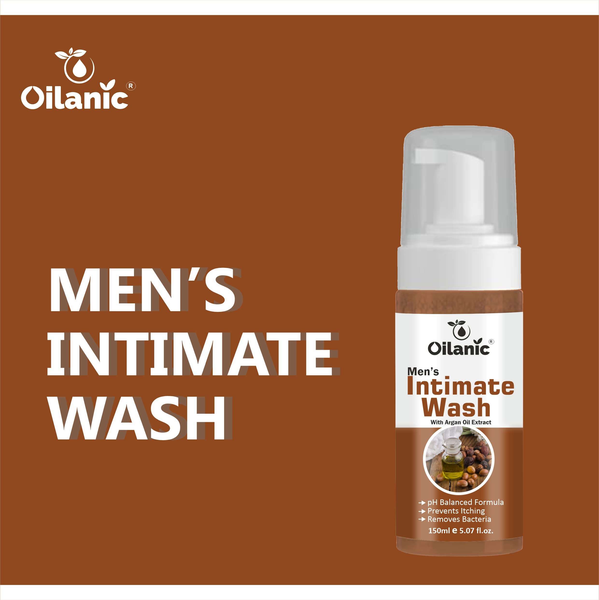 Oilanic Natural Men's Intimate Wash with Argan Extract (Pack of 3, Each 150 ml)|pH-Balanced Hygiene Wash for Daily Freshness and Odor Control Gentle Cleanser for Sensitive Skin Chemical free| 3