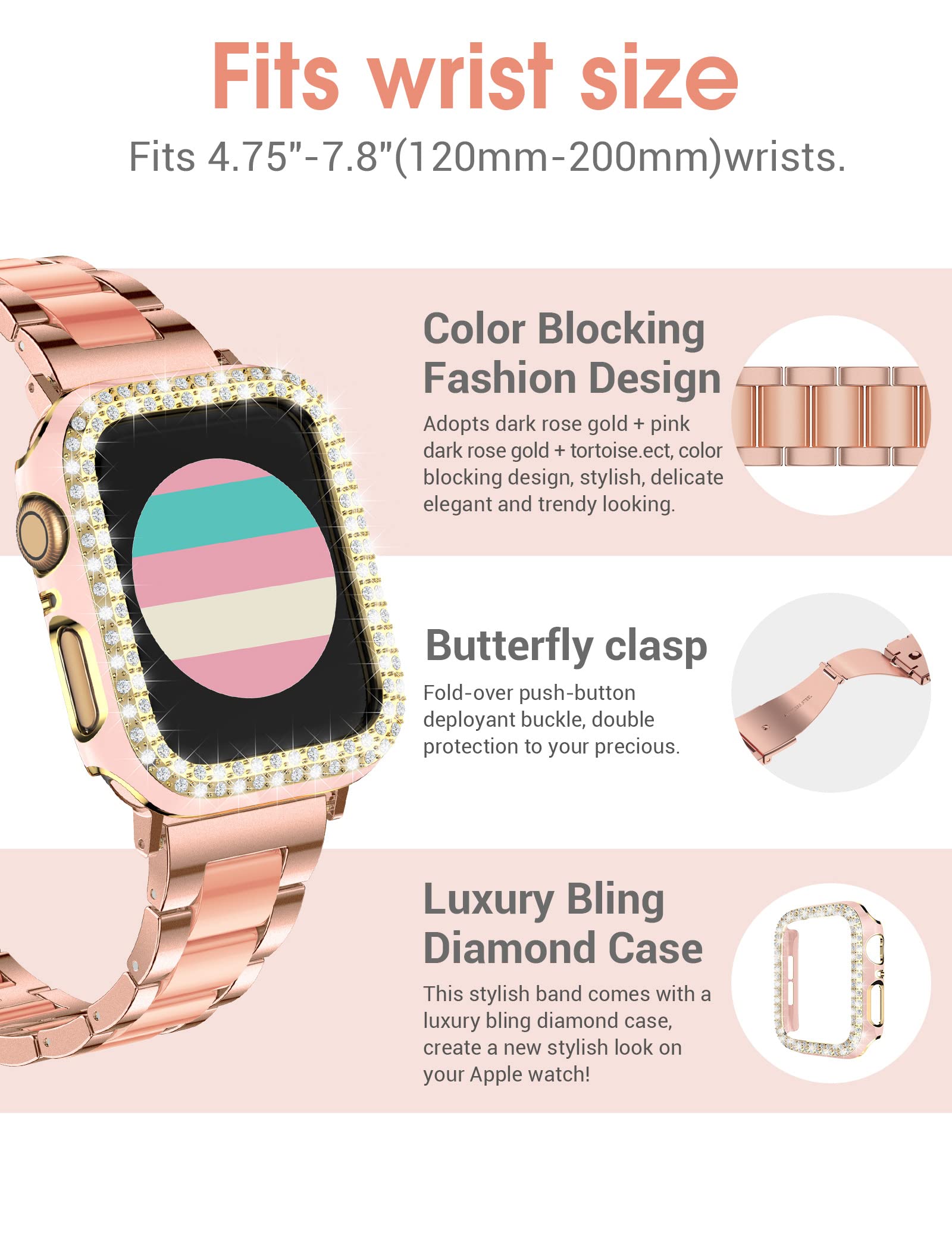 Wearlizer Compatible with Apple Watch Band 44mm/45mm with Case Upgraded Resin Metal Band Stainless Steel Buckle with Bling Crystal Rhinestone Cover for iWatch Series SE/7/6/5/4(Gold+Gold) 4