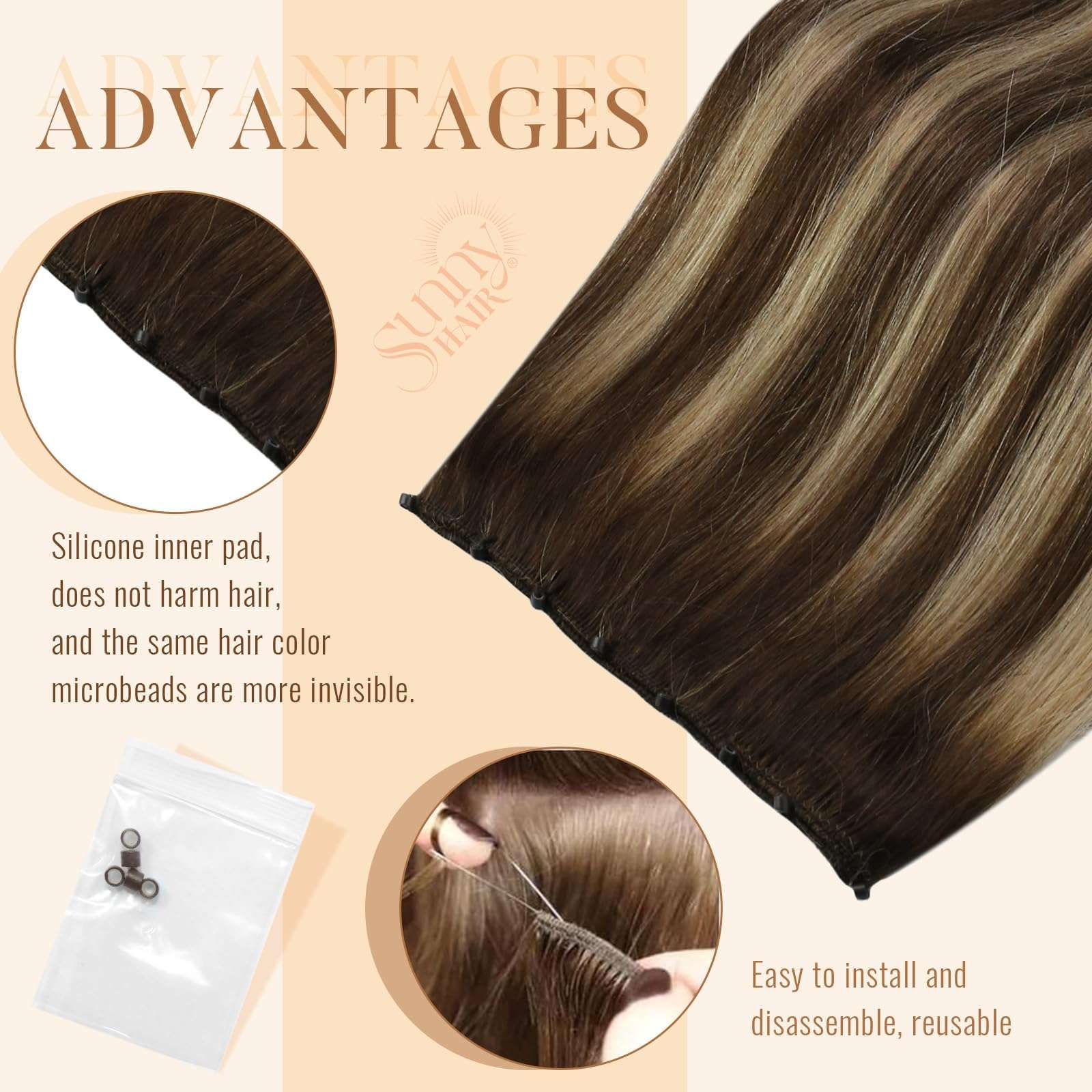 100g 16inch Sunny Hair Beaded in Weft Hair Extensions Color 2/6/2 and Color 4/27/4 Brown Remy Hair 3