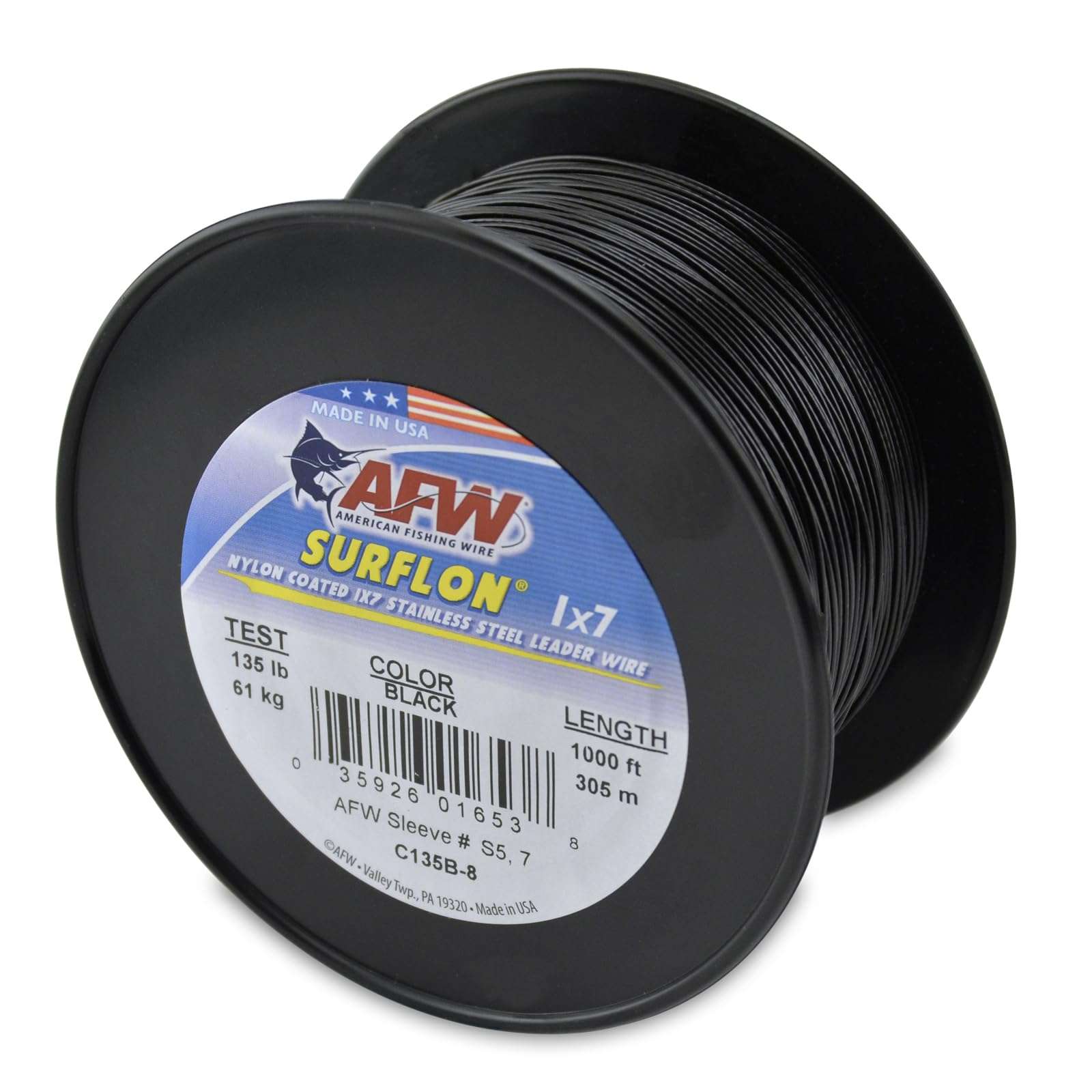 American Fishing Wire Surflon, Nylon Coated 1x7 Stainless Steel Leader Wire, 135 lb Test, .041" Diameter, Black, 1000 ft 1