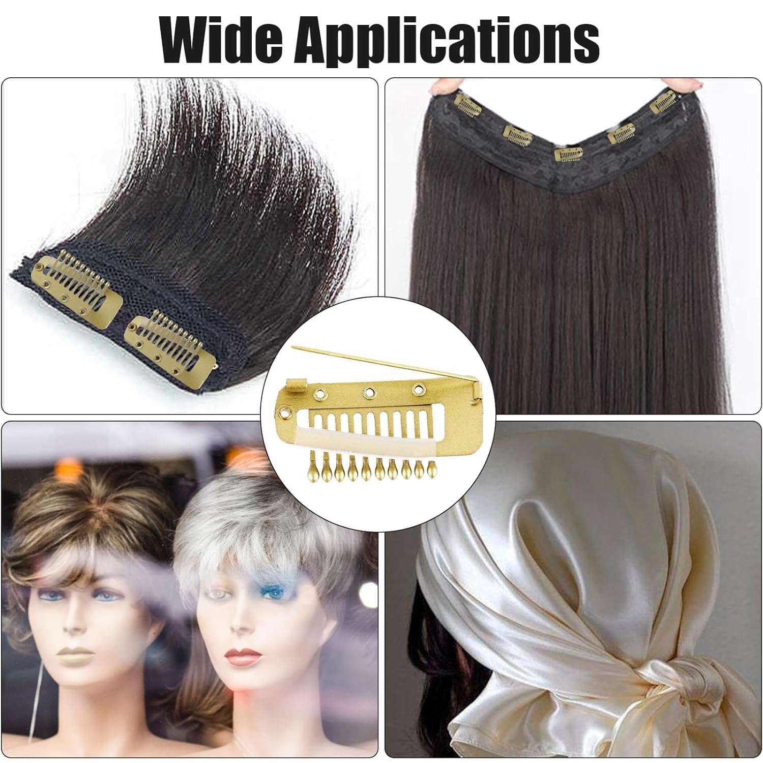INHEAVEN 12pcs Wig Clip with Safety Pins, 10-Teeth Hair Extension Snap Clips Invisible Strong Wig Combs to Secure Wig No Sew Chunni Grip Dupatta Clips (GOLDEN, 12) 3
