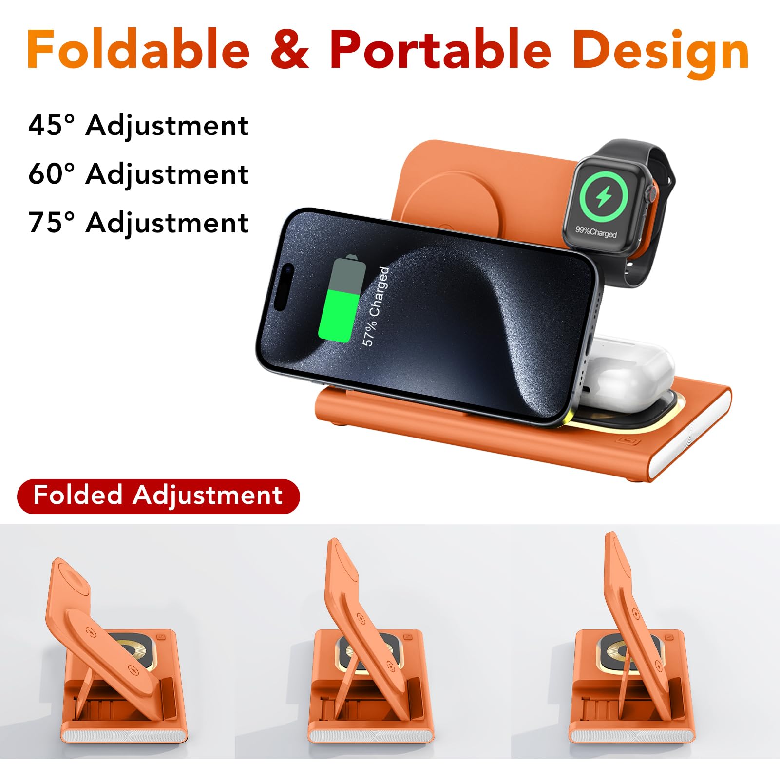3 in 1 Foldable Charging Station for Apple Products,Fast Wireless Charger Travel Dock Adapter&Light for iPhone 15/14/13/12/11/X/XS/XR 8,for iWatch Ultra2/9/Ultra/8/7/6/SE,for Air Pods 3/2/Pro(Orange) 5