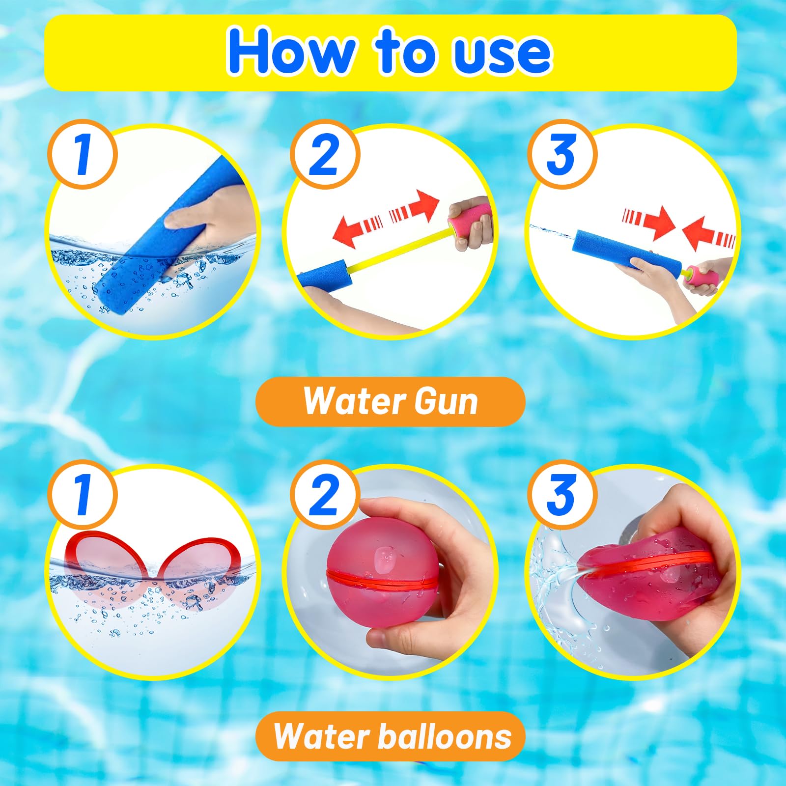 12 Pack Water Gun Blaster&Water Balloons Set,6 Squirt Gun,6 Magnetic Reusable Water Balloons for Pool Noodles Outdoor Water Toys 4