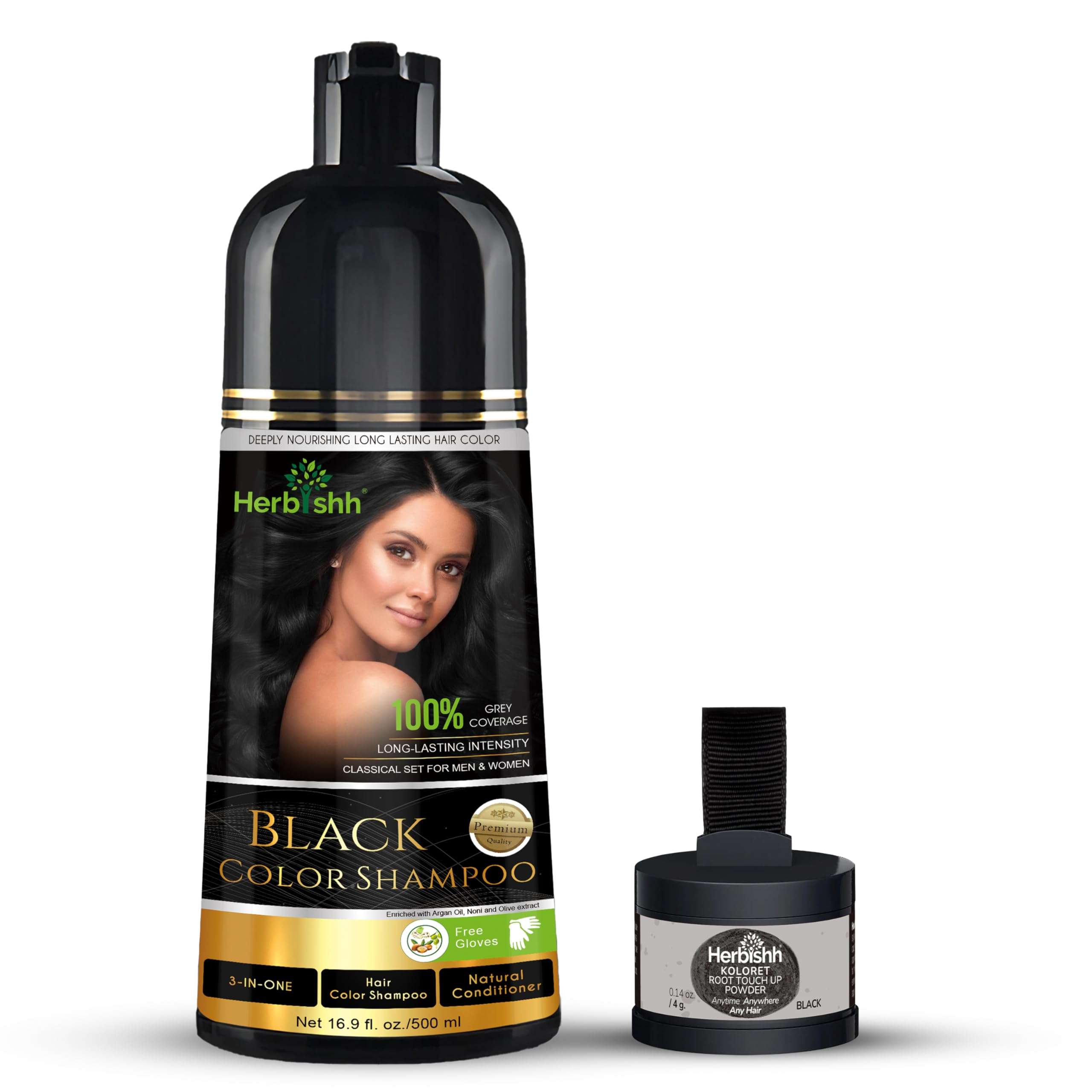 Herbishh Hair Color Shampoo for Gray Hair – Magic Hair Dye Shampoo 500ml Black + Koloret Root Touch Up Powder– Natural Black Powder for Women & Men 4g 1