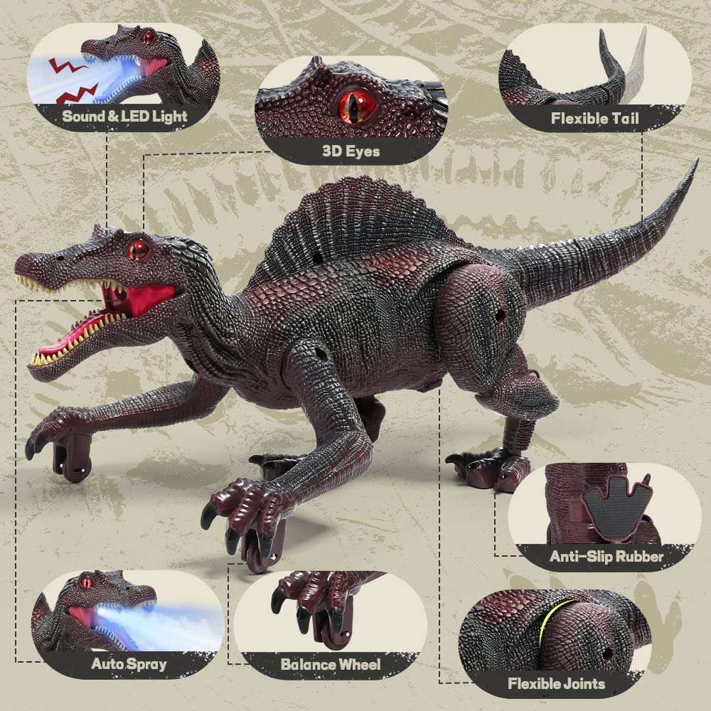 FRUSE Remote Controlled Dinosaur Toy, RC Spinosaurus Toy with Light Tracking, Spray Mist, LED Light, Roar, Radio Dino Toy, Gifts for Children, Boys, Girls, Age 3, 4, 5, 6, 7, 8 (Red) 3