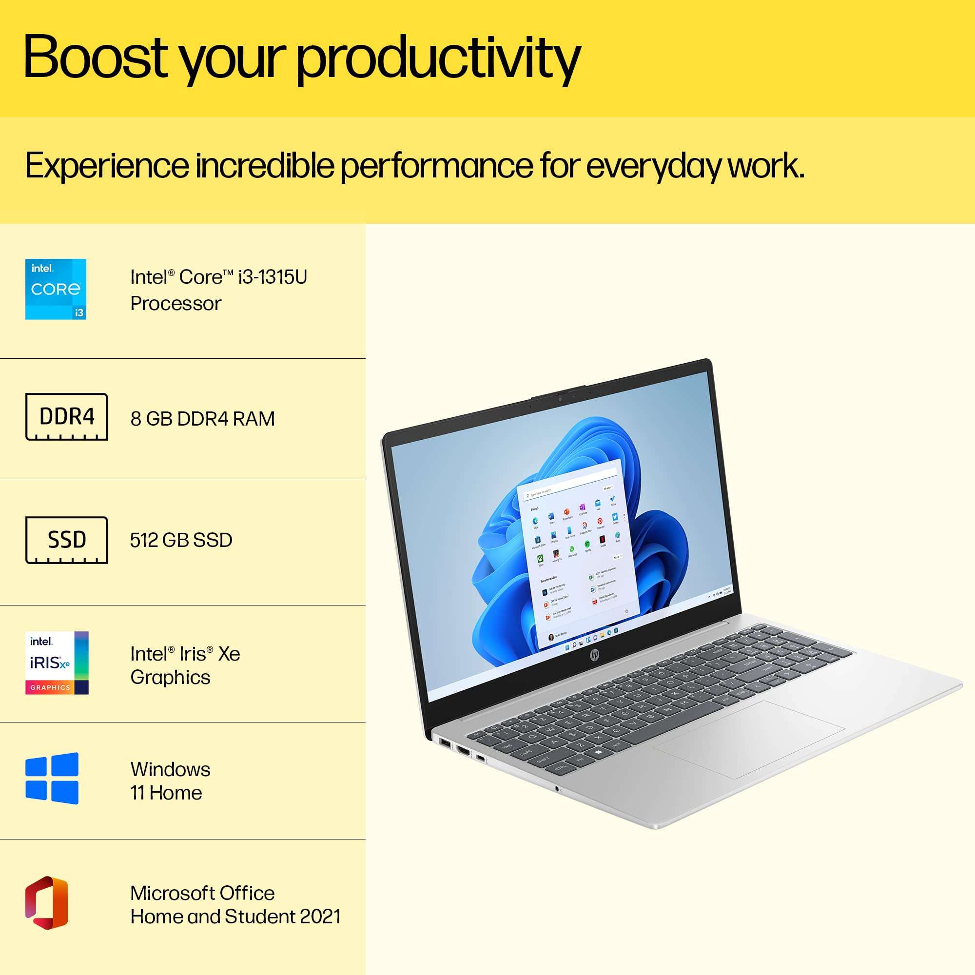 HP Laptop 15, 13th Gen Intel Core i3-1315U, 15.6-inch (39.6 cm), FHD, 8GB DDR4, 512GB SSD, Thin & Light, Intel Iris Xᵉ Graphics, Dual Speakers (Win 11, MSO 2021, Silver, 1.59 kg), fd0006TU 4