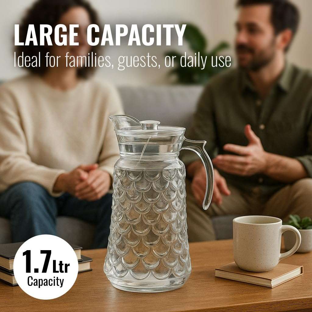 Water Jug - Detox Glass Jugs with Lid for Dining Table - Elegant 1700 ml Transparent Pitcher for Juice, Iced Tea, Infused Water, Milk, Lemonade, Hot & Cold Beverages, WATERJUGS_Laguna_1700ML 3