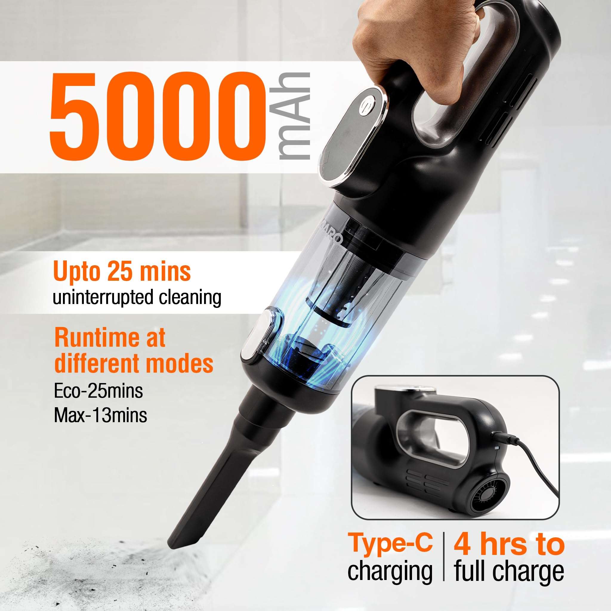 AGARO HVC7799 Cordless Car Vacuum Cleaner, Portable Handheld Vacuum for Car & Home Interiors, 16 kPa High Power Suction, 5000 mAh Rechargeable Battery, Steel HEPA Filter, LED Light, Multiple Nozzles 6