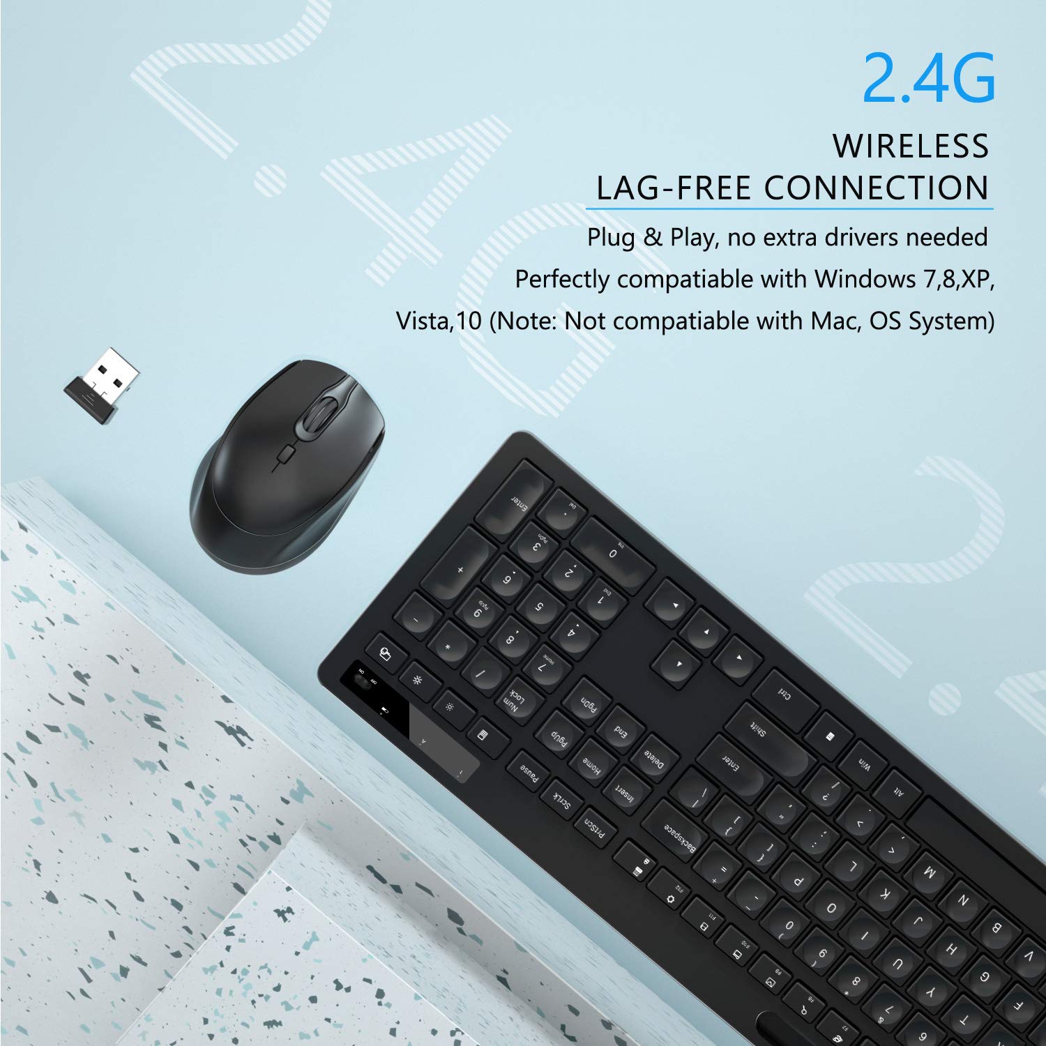 VIVEFOX Wireless Keyboard and Mouse - Keyboard with Phone Holder, 2.4GHz Silent USB Wireless Keyboard Mouse Combo, Full-Size Keyboard and Mouse for Computer, Desktop and Laptop (Black) 5