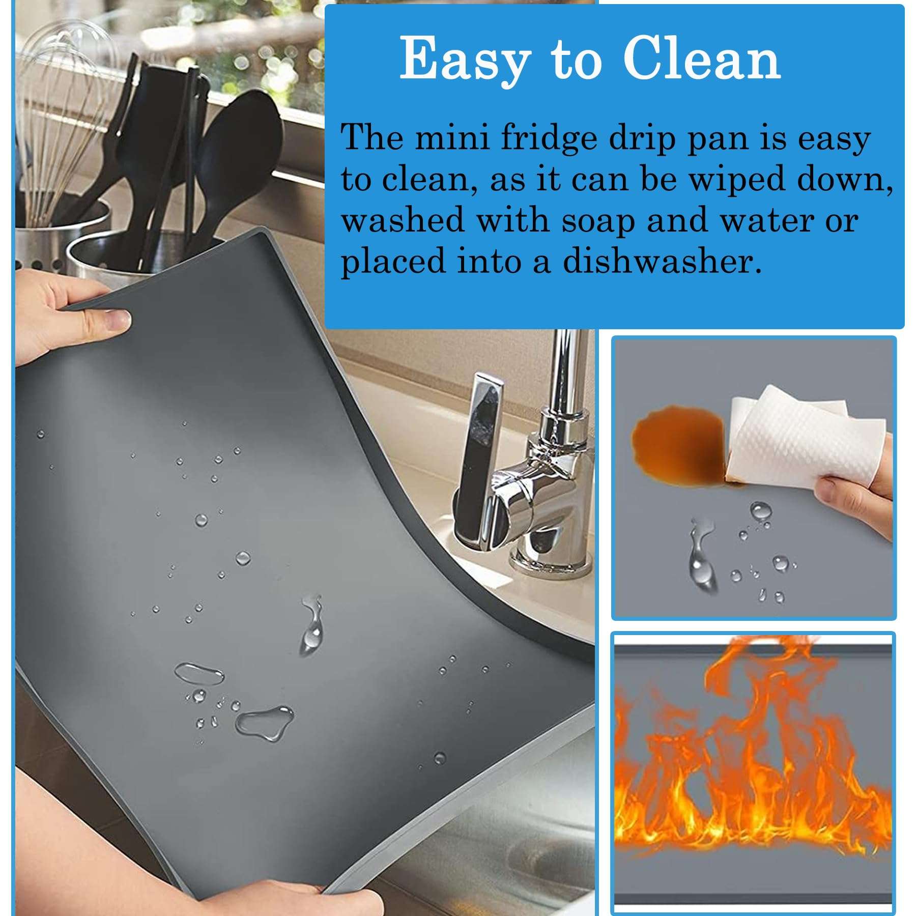 Refrigerator Floor Protector, 24" x 24" x 0.8" Mini Fridge Silicone Mat, Under Refrigerators Mat with Raised Edge, Laundry Guards for Washer and Dryer, Large Drip Tray, 2 Pack, Grey 4