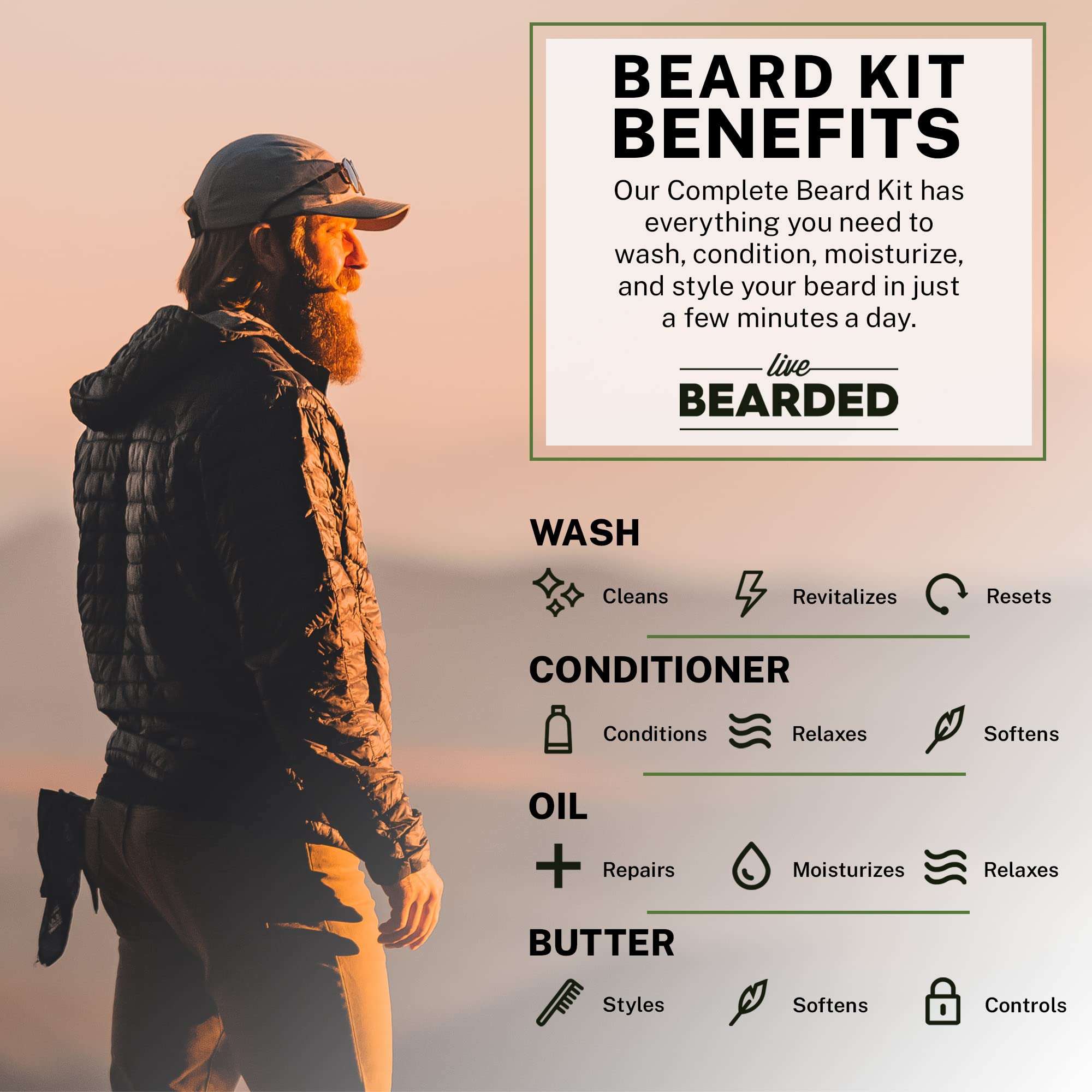 Live Bearded Complete Beard Grooming Kit - Wash, Conditioner, Butter and Oil - Made in the USA with All-Natural Ingredients - Mens Groom Set | American Scent - Cedar, Pine, Vetiver, Bergamont 3