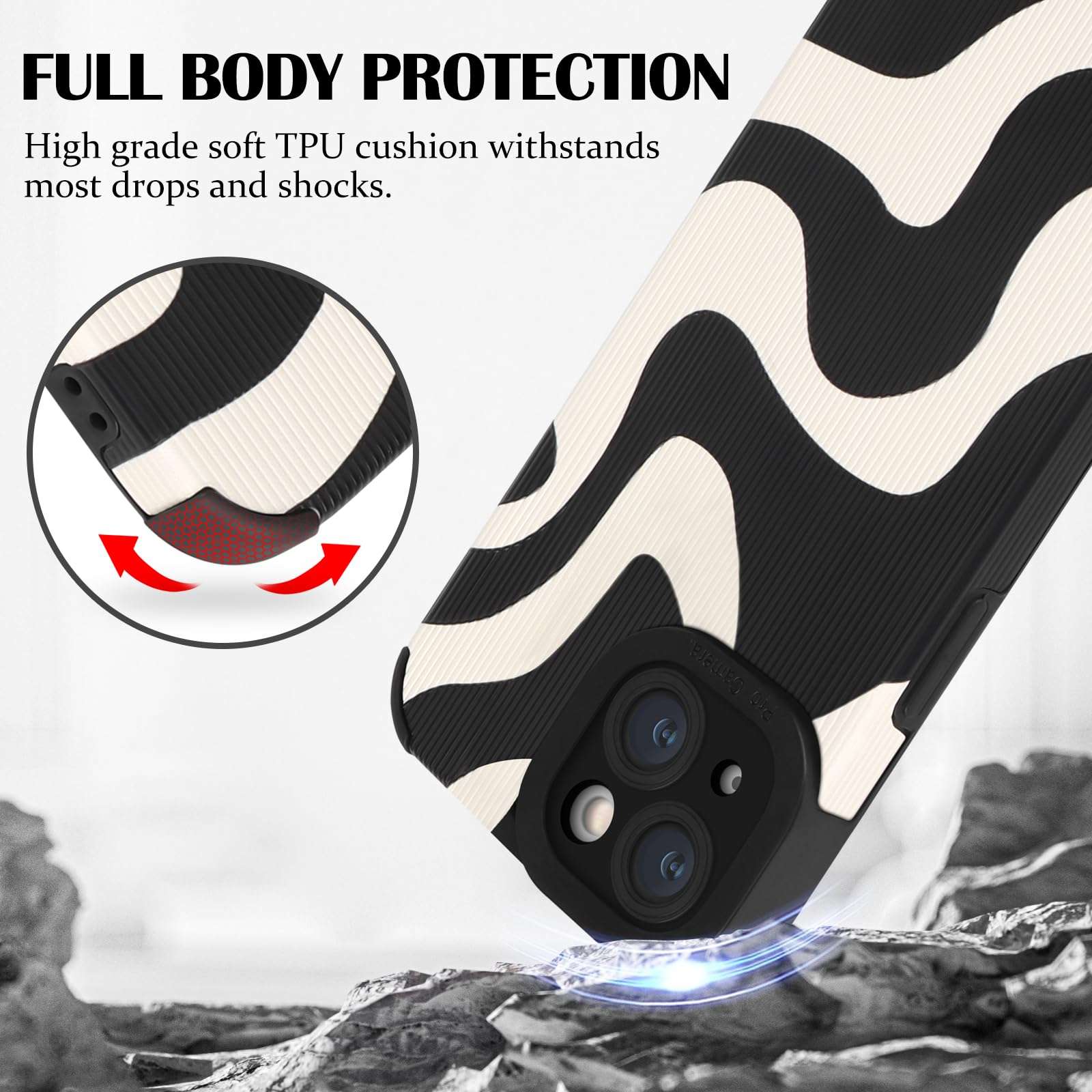 Newseego for iPhone 14 Case, Cute Zebra Wave Pattern Design Case for Women Girls Soft TPU Bumper Anti-Scratch Shockproof Full Camera Protective Case Cover for iPhone 14-Black White 4
