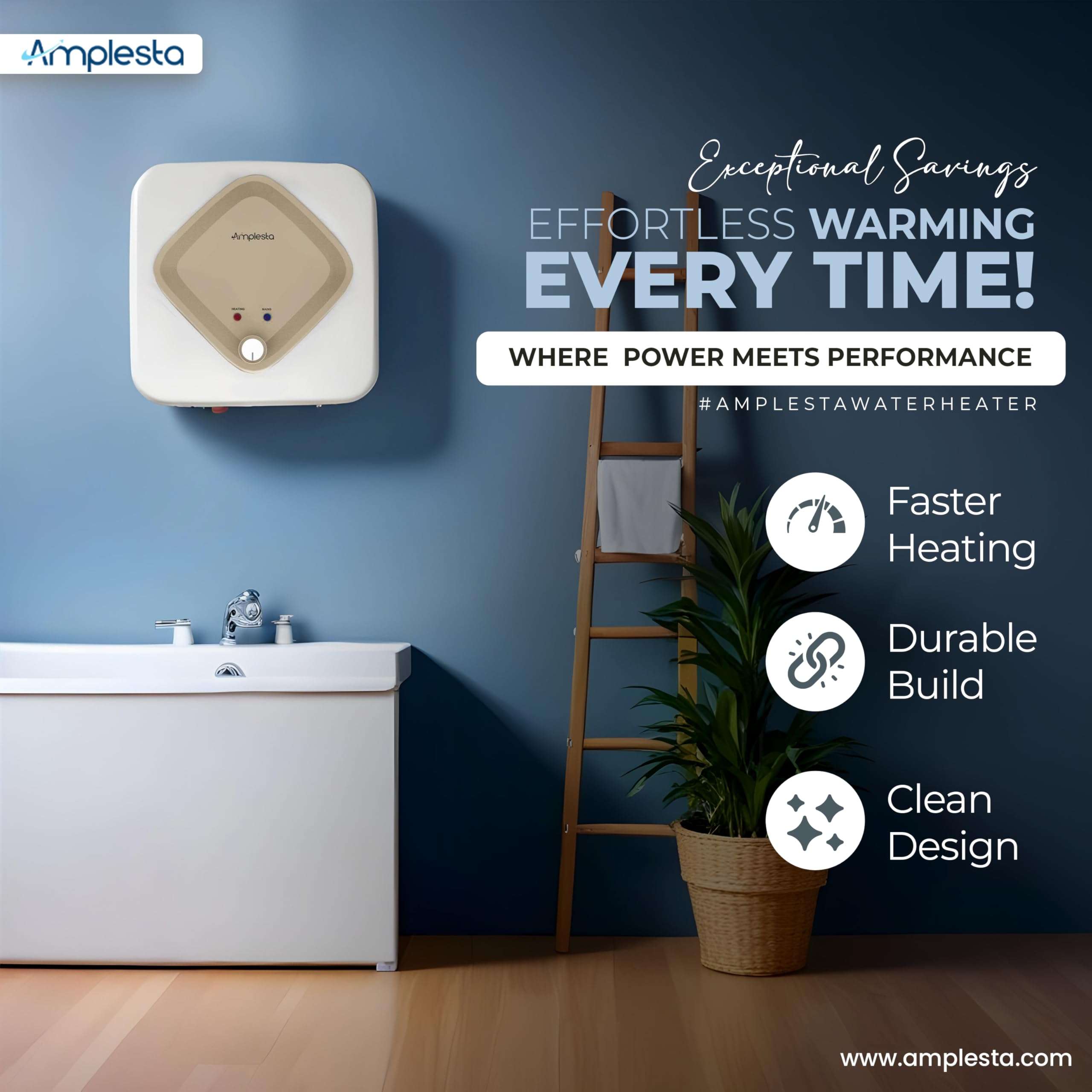 Amplesta Electric Powerflow+25L, 5 Star rated Glassline Storage water heater| 5-Layer Safety Shield| 2000W element, Shockproof ABS Body| 8 bar pressure | Temperature Control Knob| 7-year tank warranty 6