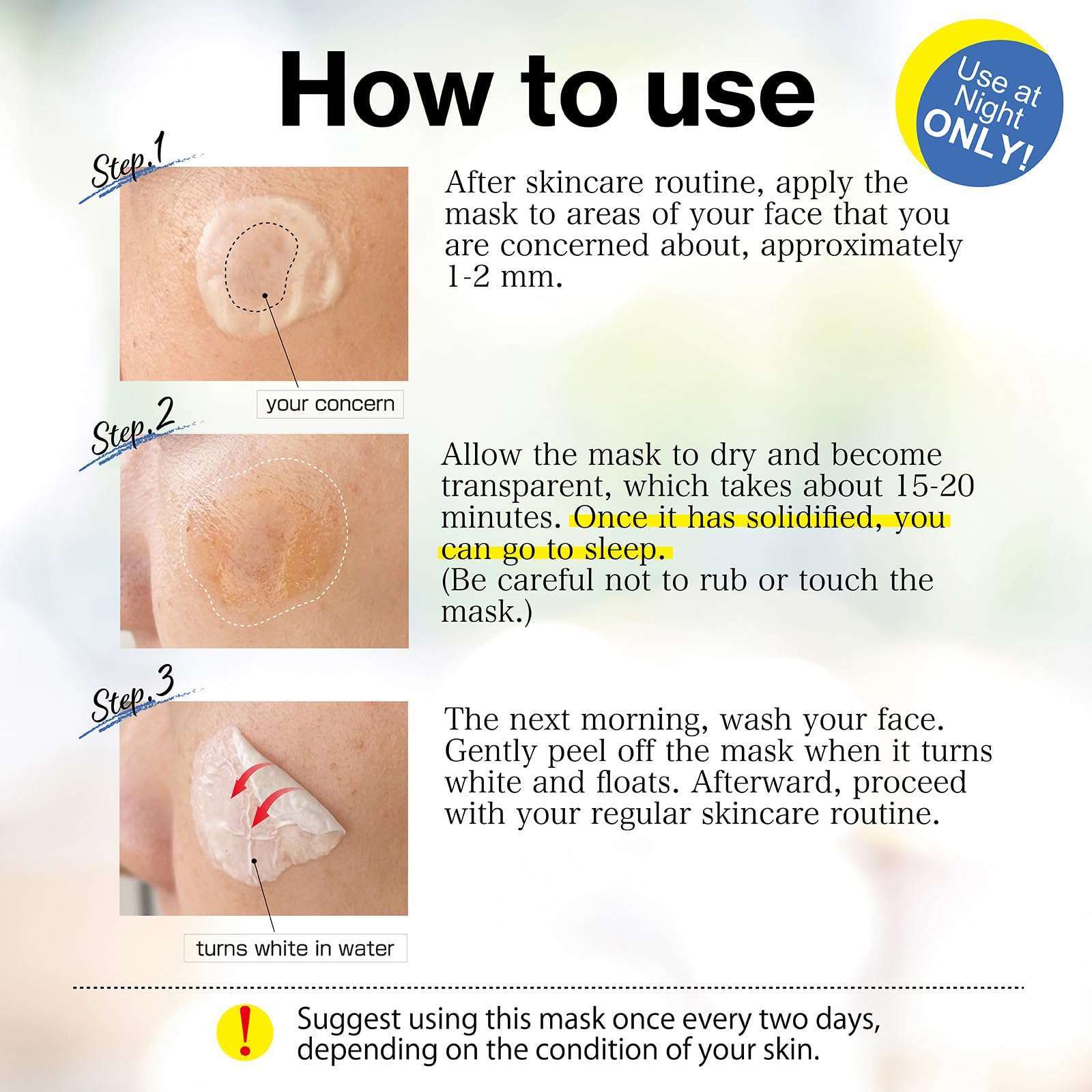 Japanese Night Pack, Peel-off facial mask, Part-use mask, Hydrating formula, Smooth skin, Cherry Blossom sakura extract, Vitamin C, AHA, “Kuramoto-no-Shizuku”, Paraben Free, Cruelty Free 4