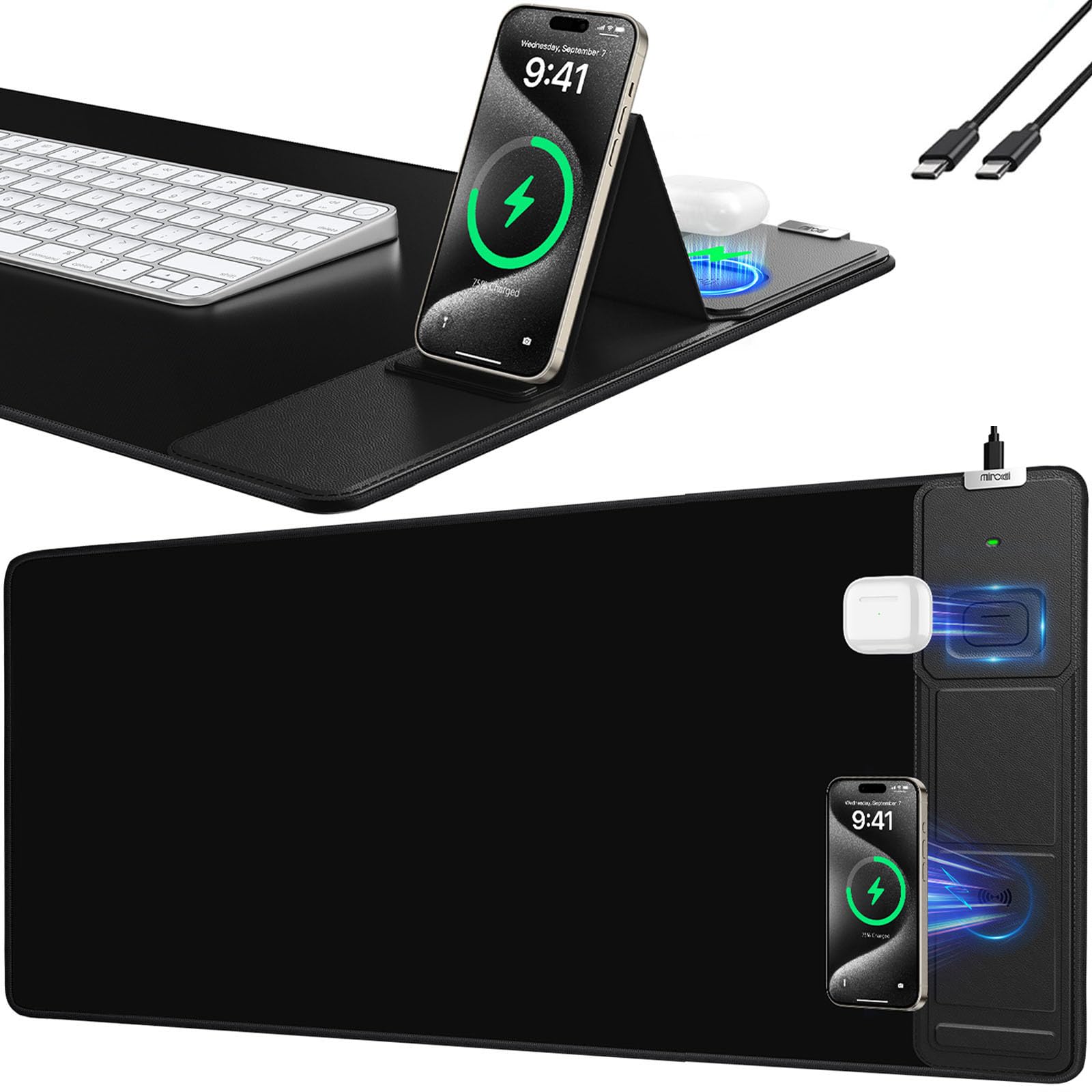 Mouse Pad with Foldable Phone Holder, Wireless Charging Desk Mat, 31.5"x15.8" Large Mousepad with Superior Micro-Weave Cloth, XXL Desk Pad with Non-Slip, Waterproof Keyboard Pad for Home & Office 2