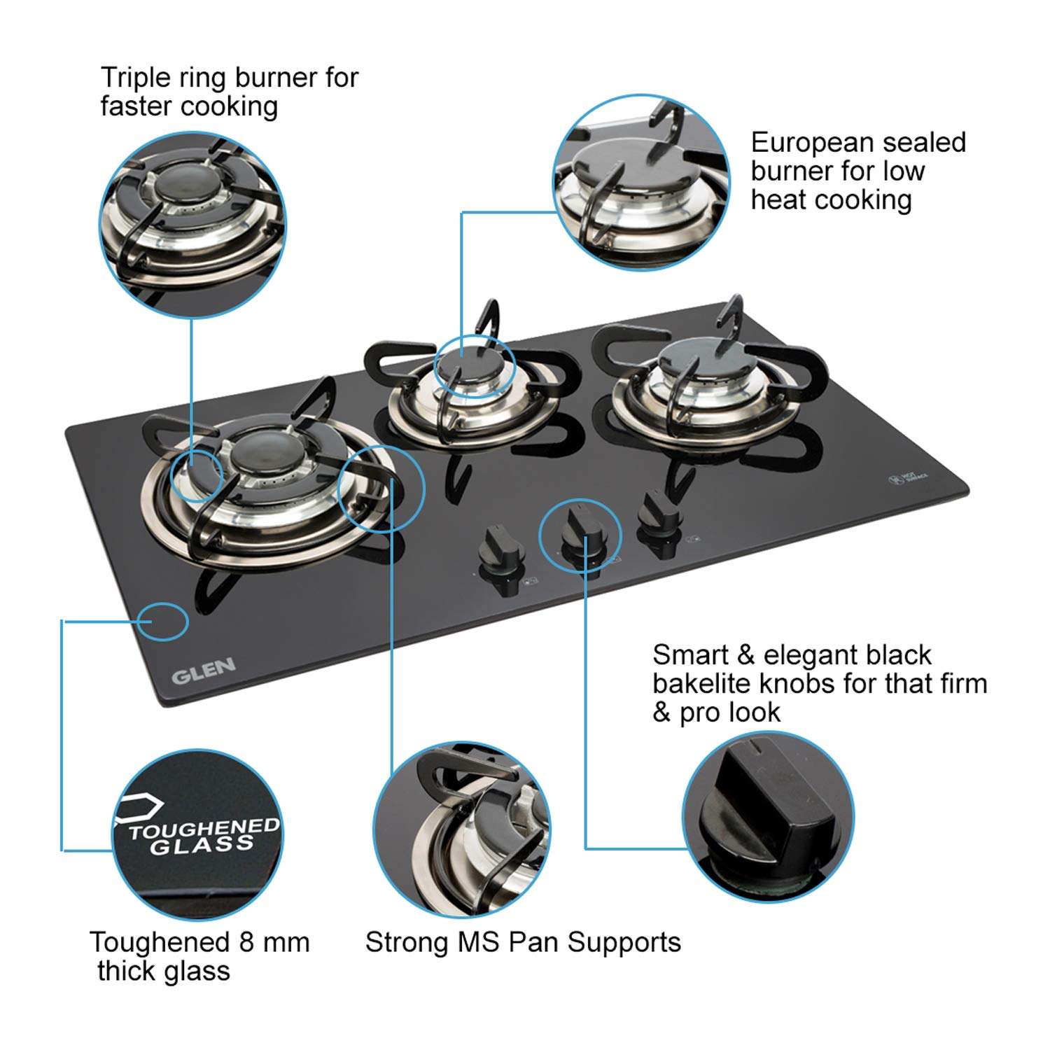 Glen 3 Burner Built in Glass Hob Auto Ignition (BH3B73TR Cooktop, Black) & Glen 4 Burner Gas Stove with Brass Burner (CT4B55BLBB Cooktop, Black) 3