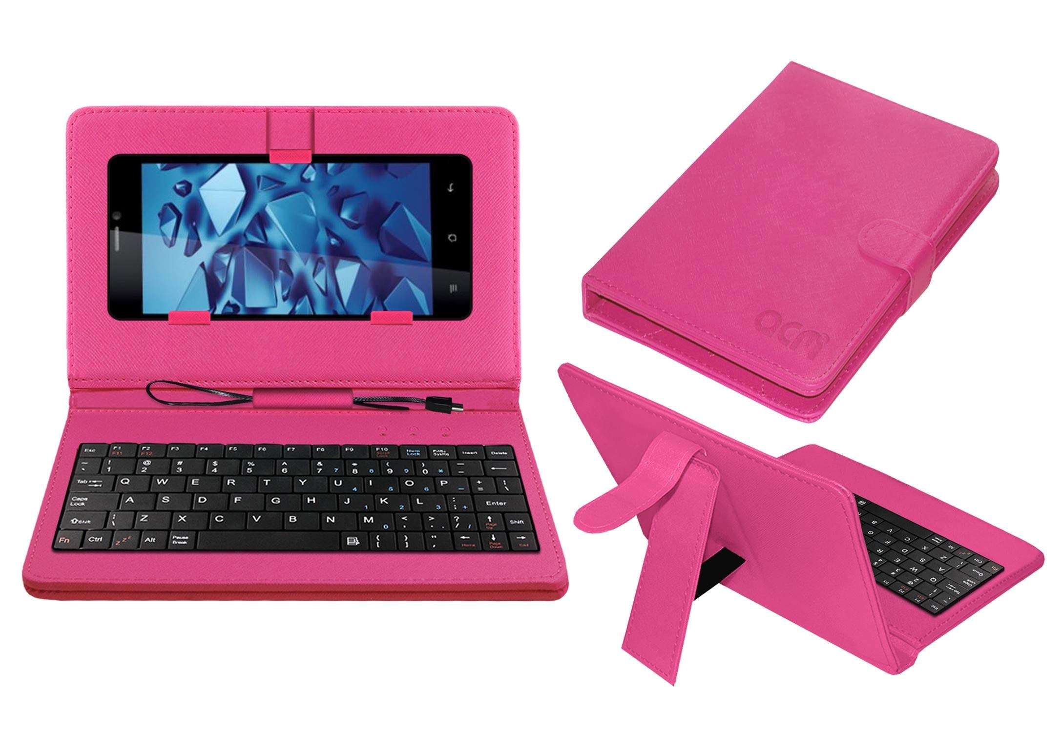 Acm Keyboard Case Compatible with Iball Andi Cobalt Solus 2 Mobile Flip Cover Stand Direct Plug & Play Device for Study & Gaming Pink 1