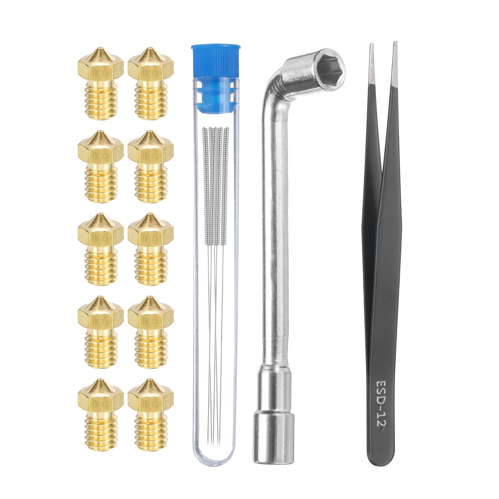 uxcell 3D Nozzles Kit, 10pcs 3D Printer Brass Nozzles 0.4mm, 5pcs Nozzle Cleaning Needles, with a Socket Wrench and a Tweezer, for 3mm Ender3 Series
