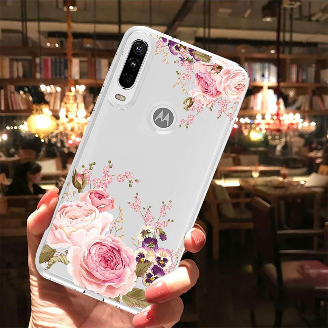 Ueokeird Case for Motorola One Action,Moto P40 Power Case, Slim Shockproof Clear Soft Flexible TPU Back Floral Phone Protective Case Cover for Motorola Moto P40 (Rose Flower) 3