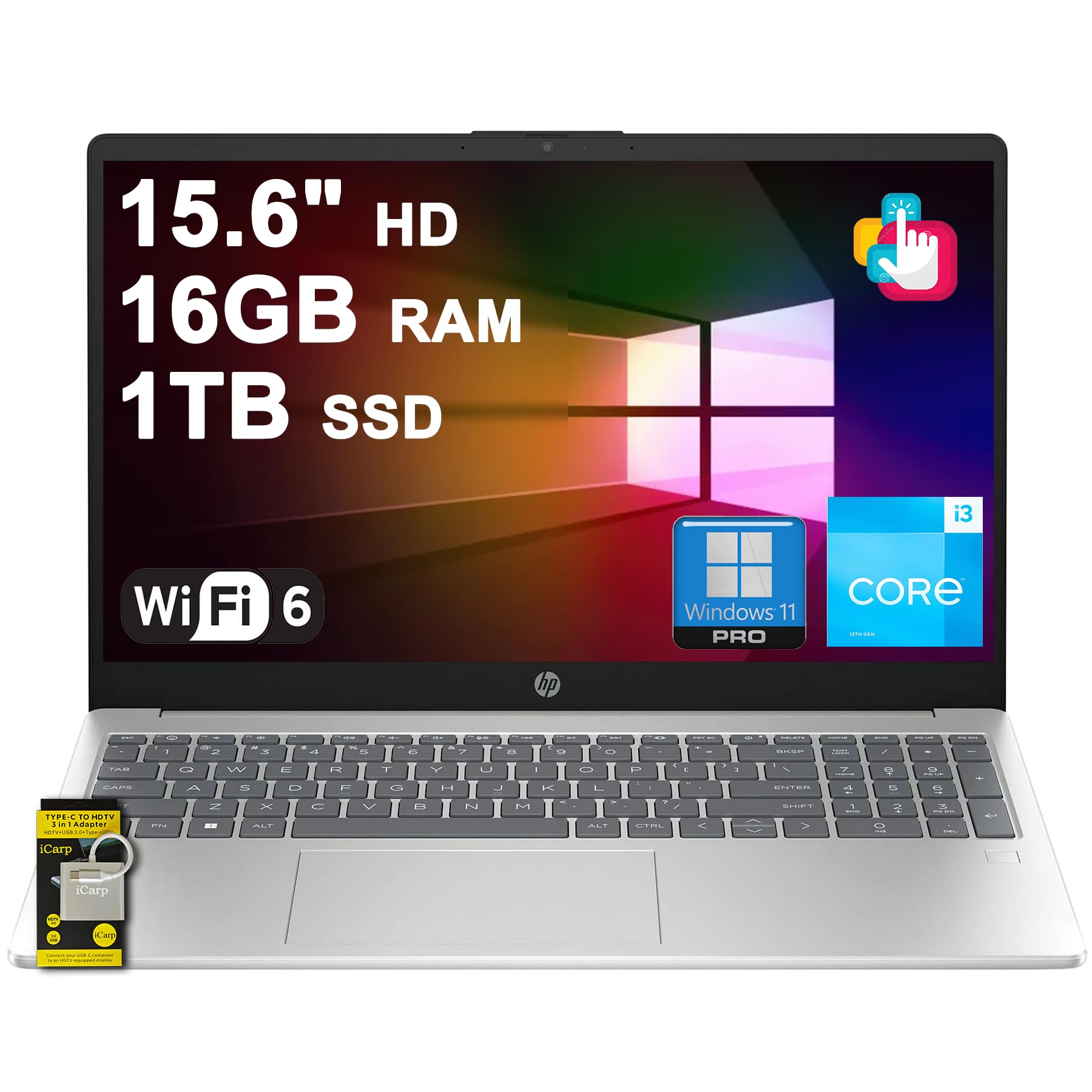 HP Business and Student Laptop 15.6" HD Anti-Glare Touchscreen Intel 6-core i3-1315U (Up to 4.5GHz) 16GB RAM 1TB SSD Type-C Privacy Camera Wi-Fi6 Fast Charging Long Battery Life Win11Pro ICP Hub