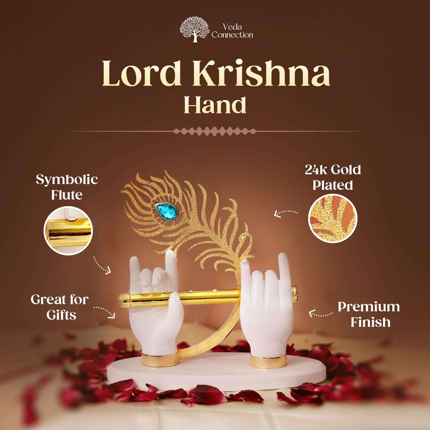 Gold Plated Krishna Hand with Flute Idol for Car and Home from Veda Connection | Lord Krishna Decor | Elegant Spiritual Gift for Pooja & Festivals | Premium Finish & Durable Design (White, 3.5 inches) 3