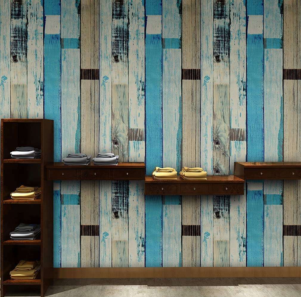 HOMEMATES Wall Stickers DIY Wallpaper Decal (45.72 x 304.8cm) Self Adhesive Living Room Hall Bedroom Wallpaper Vinyl PVC Wallpaper (Blue Weather Wood) 1