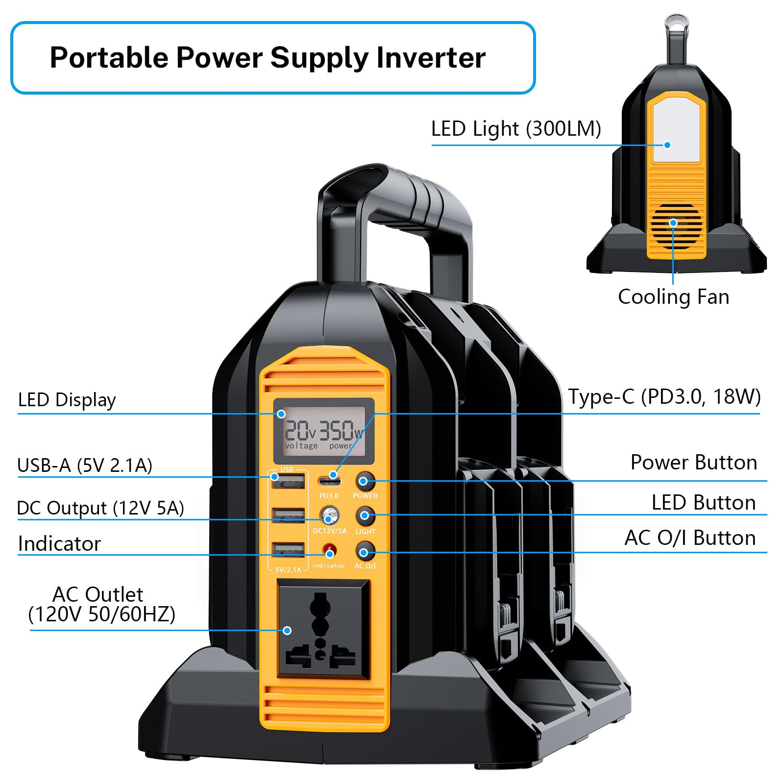 Mewryytuo Power Inverter 4-Port for DeWalt 20V Battery, 350W Power Supply Inverter Pure Sine Wave, Converter DC 18V to AC 120V for Outdoor & Emergency Power Supply [ Battery Not Included ] 4